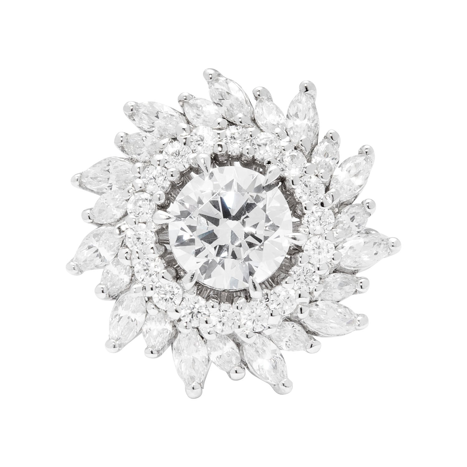 Sunburst Diamond Engagement Ring with a round-cut center diamond, surrounded by a pinwheel halo of round and marquise diamonds in 18k white gold