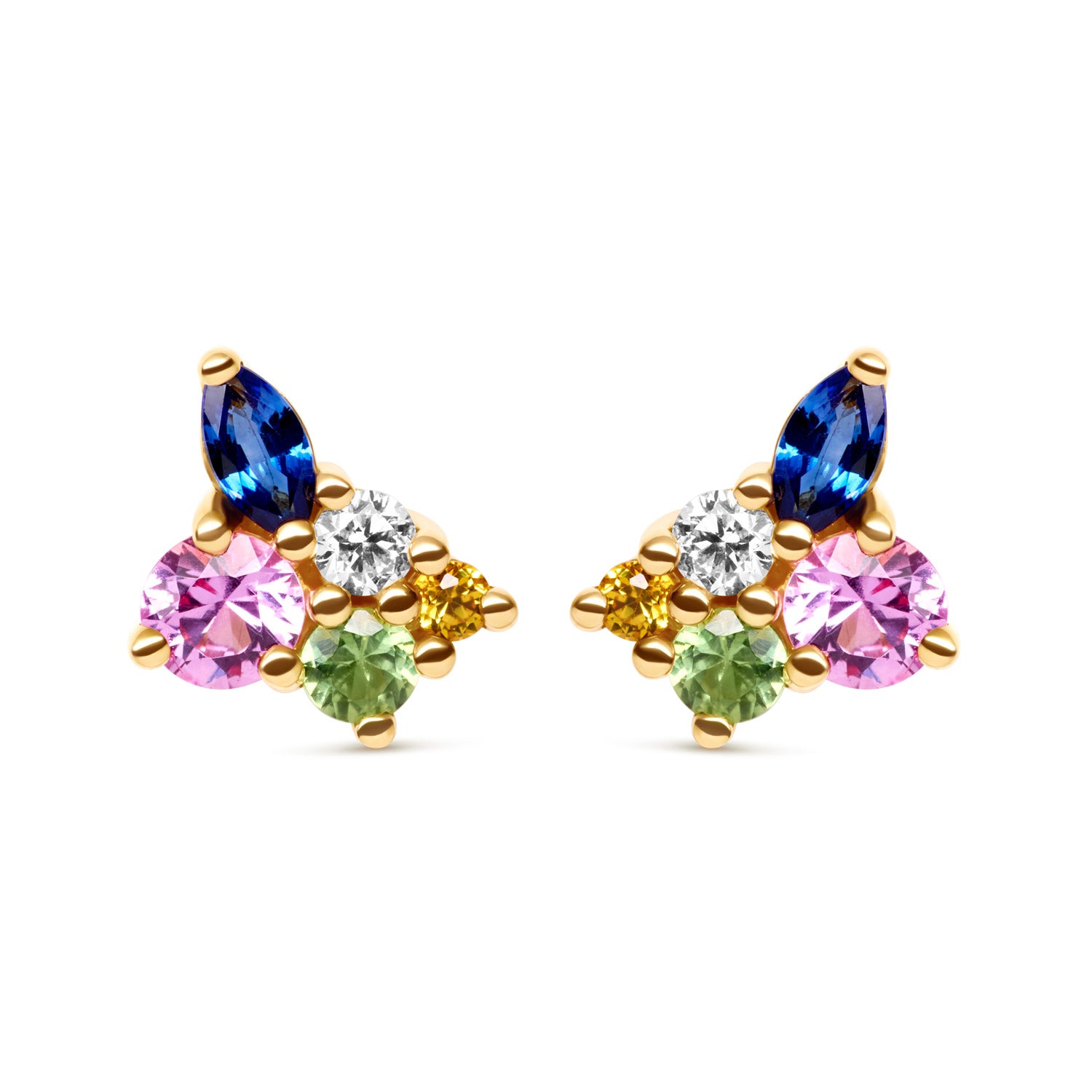 Gold earring studs featuring pink, blue, orange, and green gemstones with diamond, bold and colourful design.