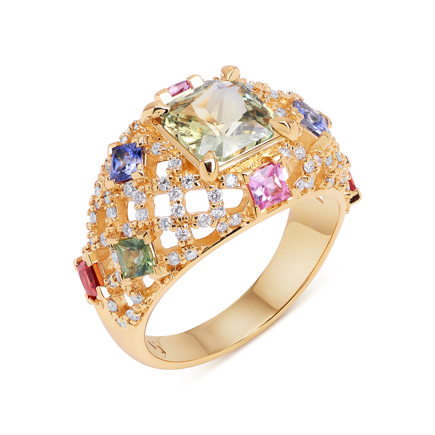 Statement dome gold ring featuring pink, blue, orange, and green gemstones with sparkling diamonds, bold and colourful design.