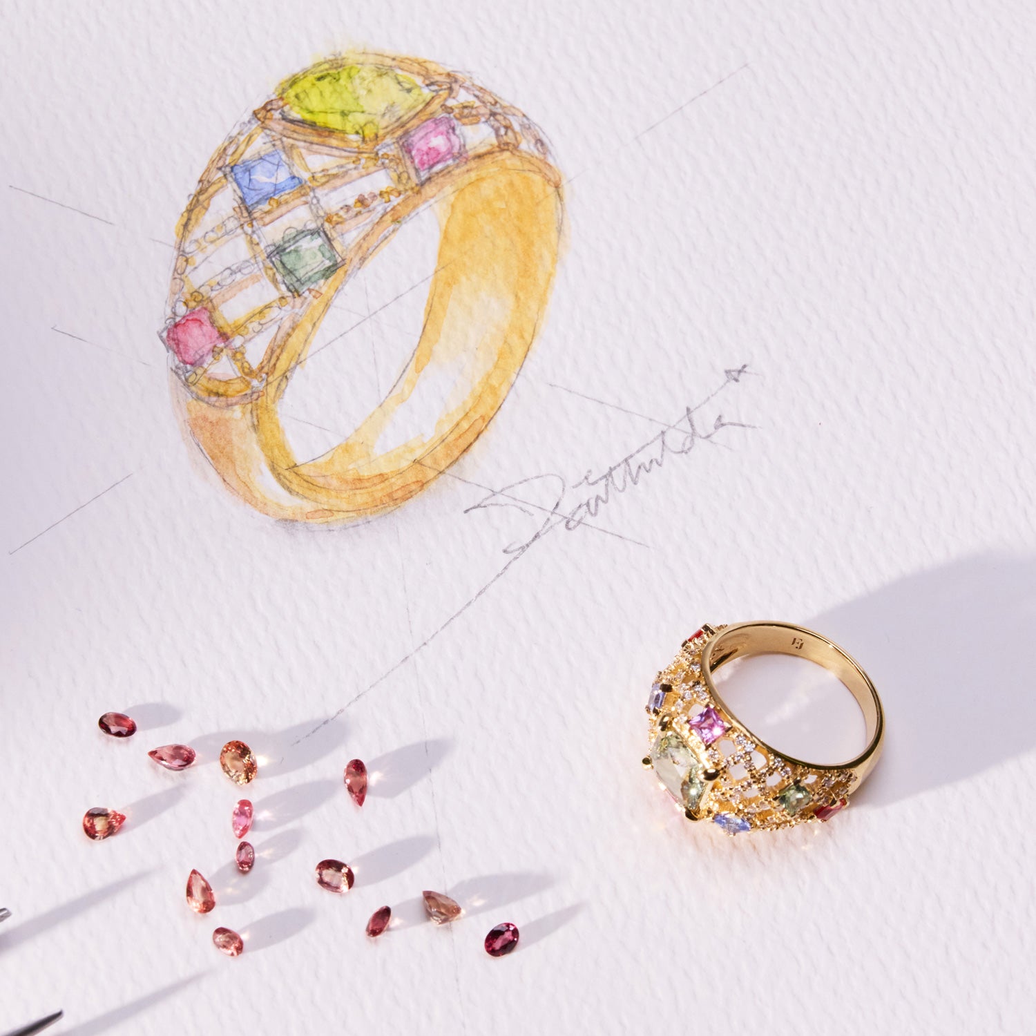 Statement dome gold ring featuring pink, blue, orange, and green gemstones with sparkling diamonds, bold and colourful design.