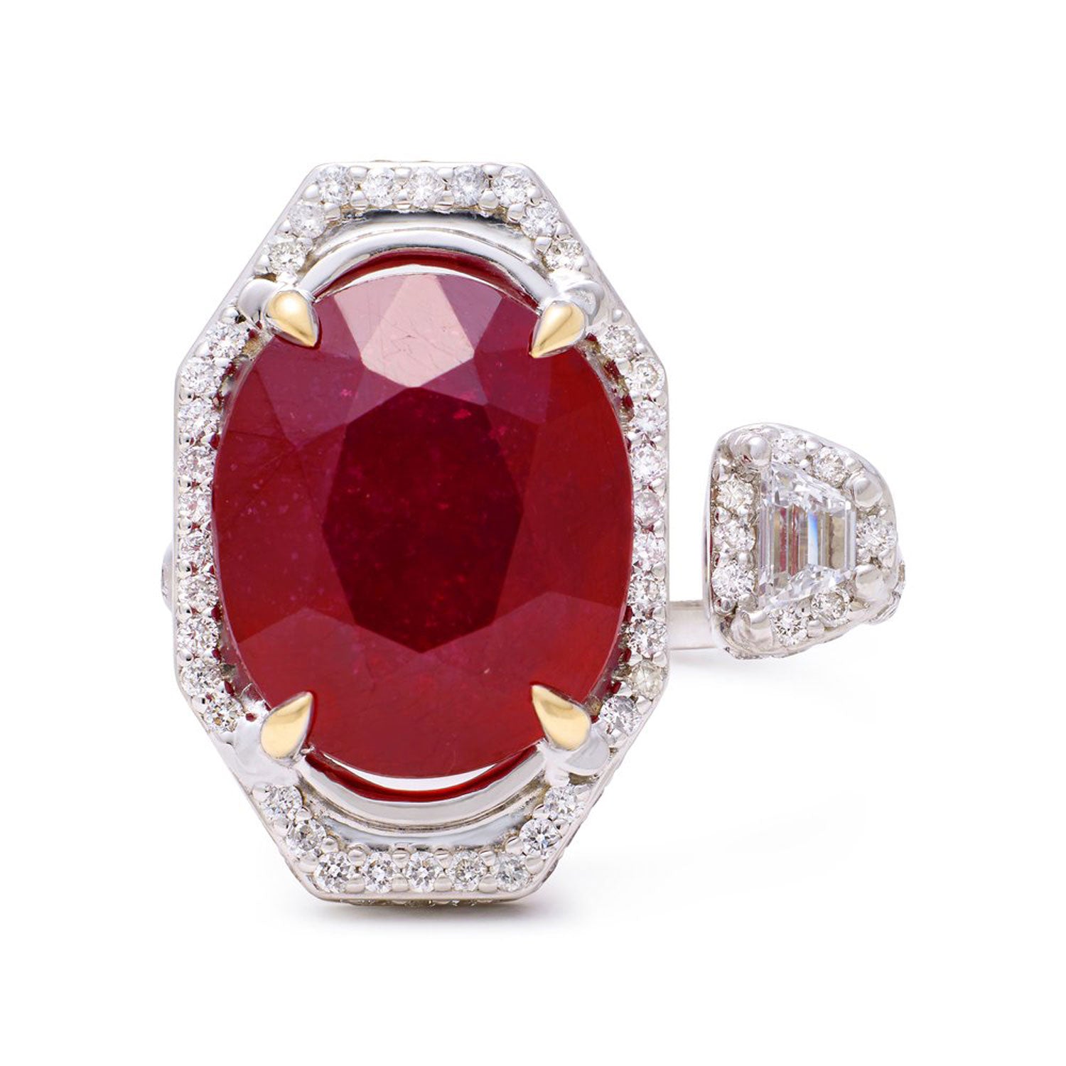 Faith Jewels Toi et Moi ring featuring an 8.50ct ruby and a floating trapezoid white diamond, accented with pavé diamonds in an elegant design