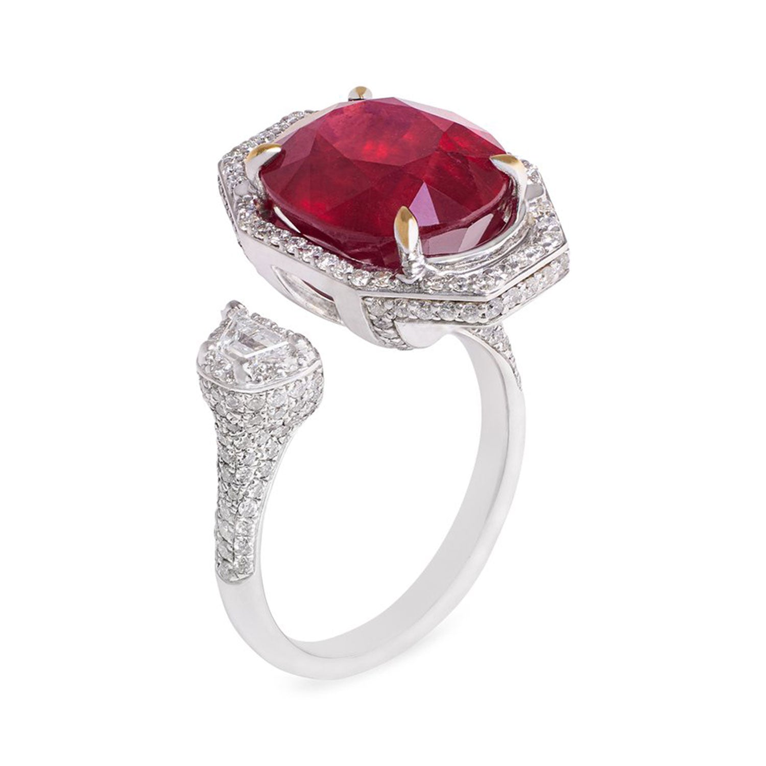 Faith Jewels Toi et Moi ring featuring an 8.50ct ruby and a floating trapezoid white diamond, accented with pavé diamonds in an elegant design