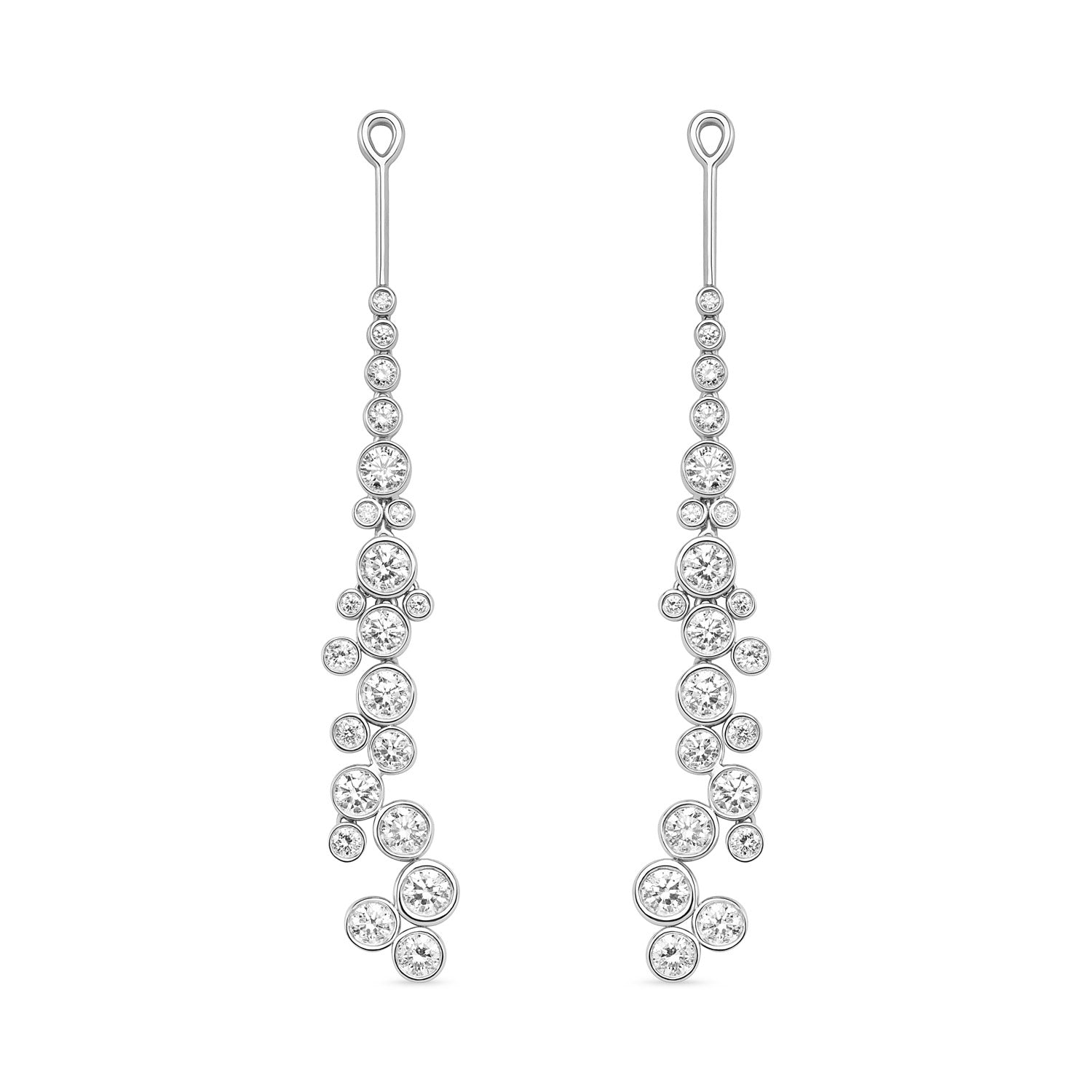Faith Jewels Diamond Waterfall Earring Enhancers in 18k white gold featuring a cascading arrangement of bezel-set round brilliant diamonds in varying sizes, designed to move fluidly and catch the light with elegant motion