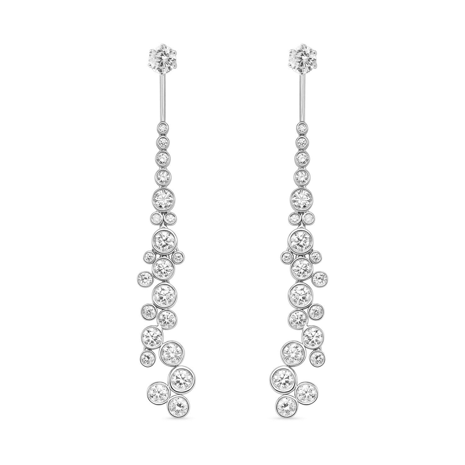 Faith Jewels Diamond Waterfall Earring Enhancers in 18k white gold featuring a cascading arrangement of bezel-set round brilliant diamonds in varying sizes, designed to move fluidly and catch the light with elegant motion