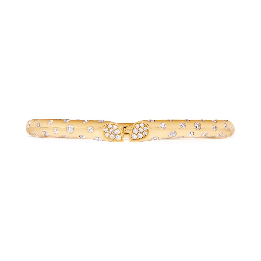 Yellow gold diamond bangle with pavé and hammer-set diamonds, heart-shaped lily motif from Whispers of Love.