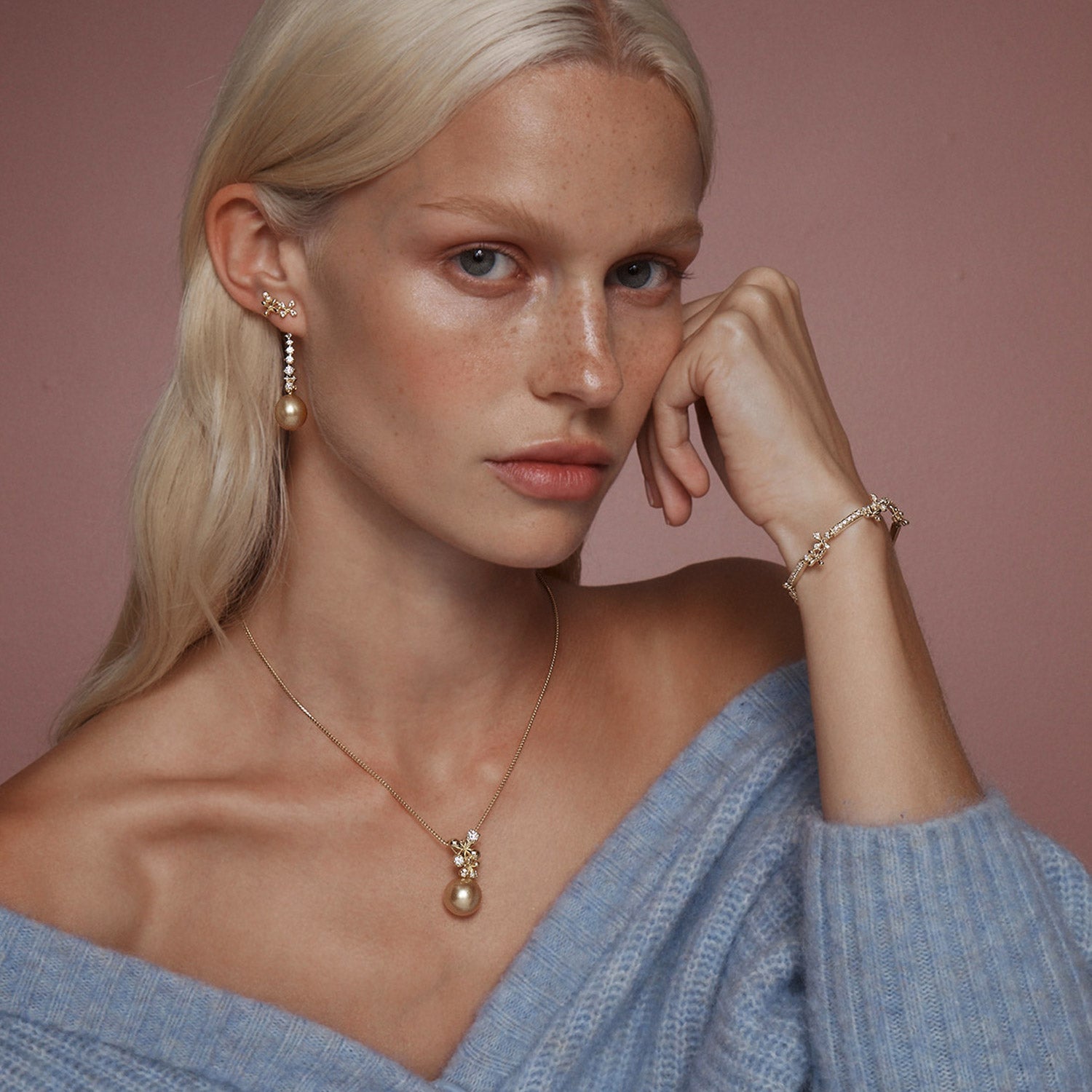 Diamond South Sea Pearl Pendant in 18k yellow gold with 0.46ct diamonds, floral motifs, and a golden South Sea pearl, worn on model with Wildflowers collection