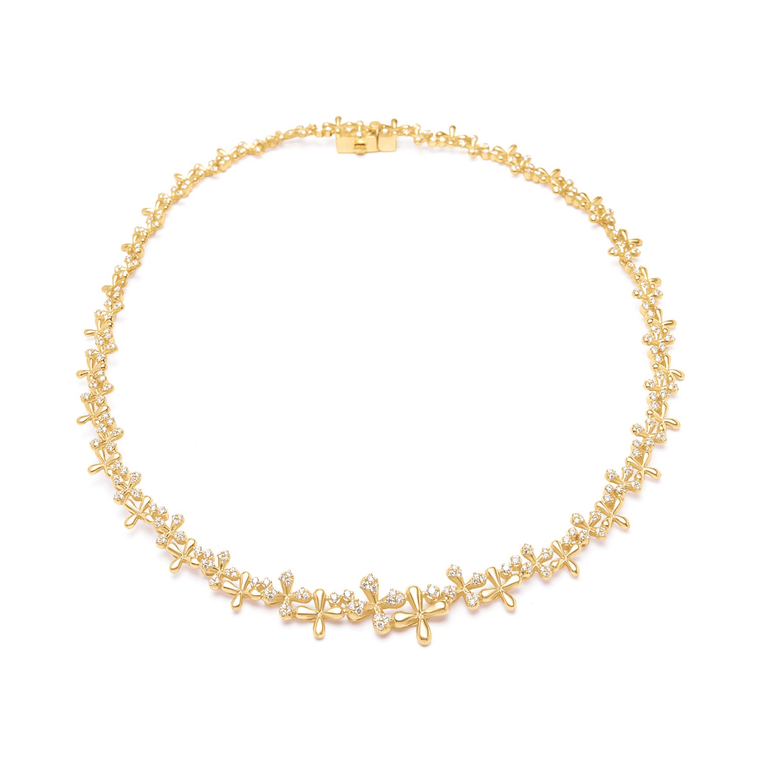 Diamond Collar in 18k yellow gold with 3.00ct natural white diamonds and graduating floral motifs