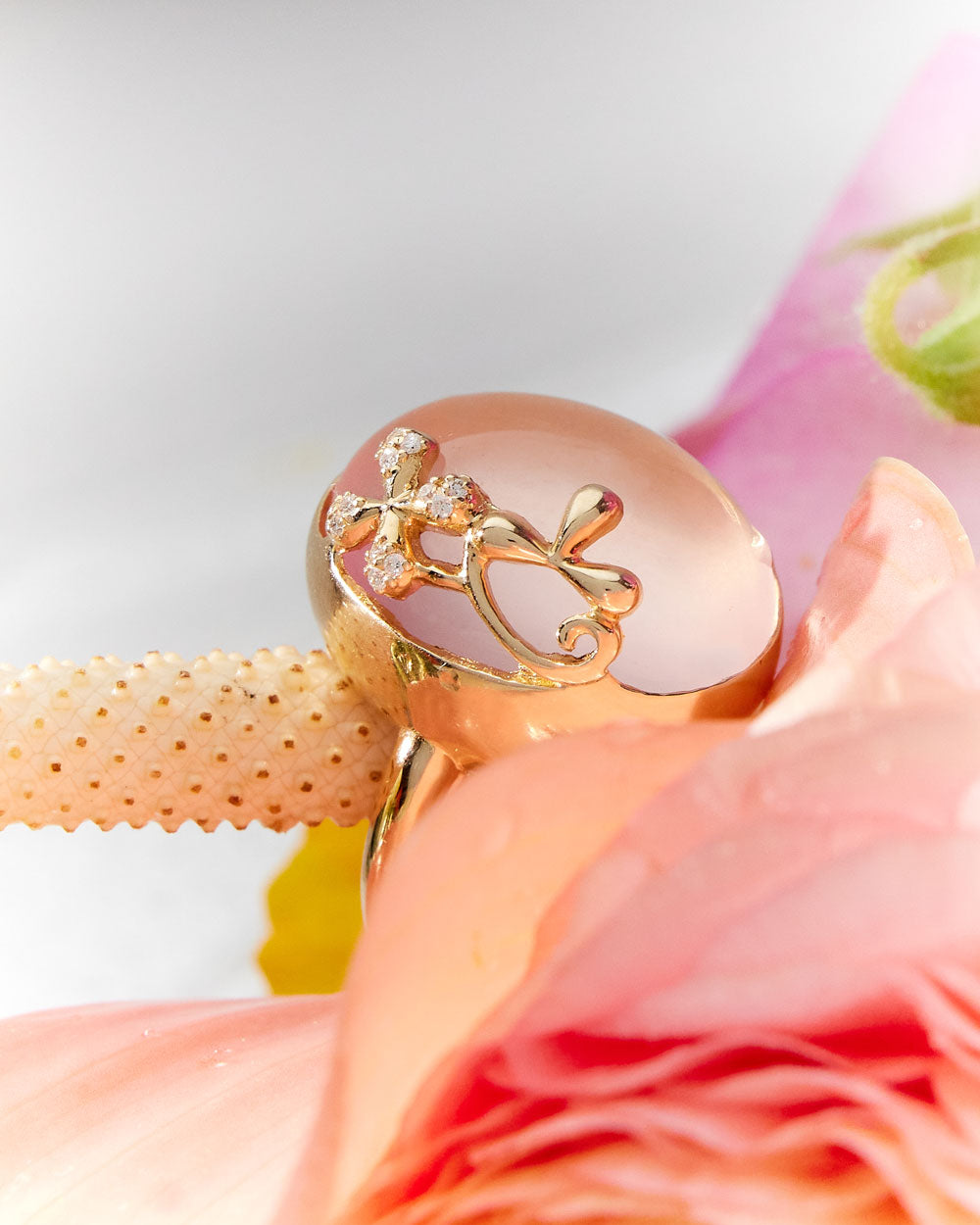 Dome Rose Quartz and Diamond Ring in 9k yellow gold with 15ct rose quartz and 0.05ct diamond accents
