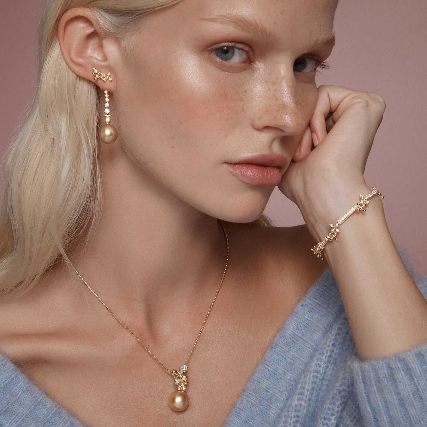 Wildflowers Full Diamond Bracelet in 18k yellow gold with 1.00ct over 100 round brilliant diamonds and floral motifs, worn on model with Wildflowers collection.