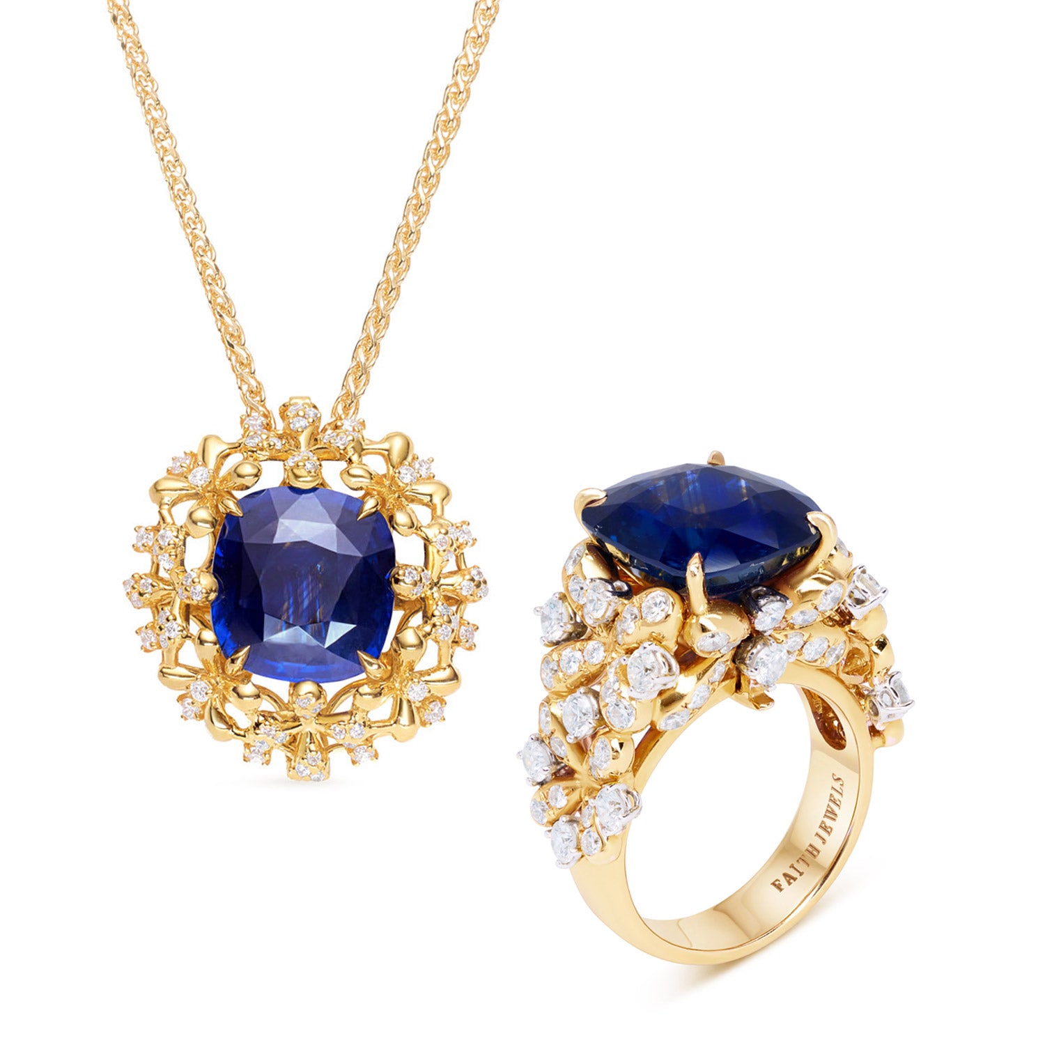 A luxurious interchangeable necklace and ring set featuring a royal blue Ceylon sapphire, surrounded by a floral wreath of golden florals with white diamonds, all in 18k yellow gold.