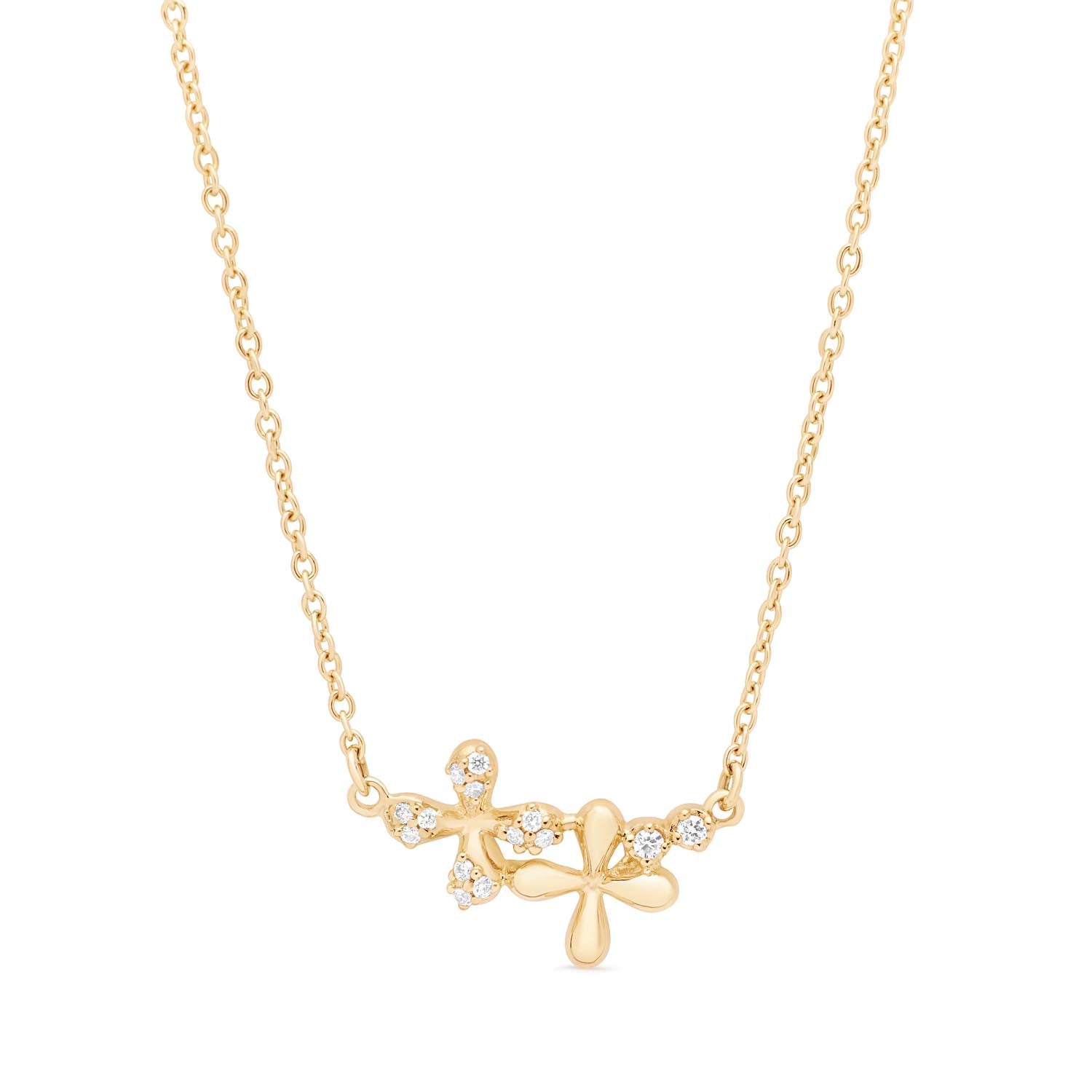 Diamond Necklace in 18k yellow gold with floral motifs and 0.15ct natural diamonds, 45cm chain