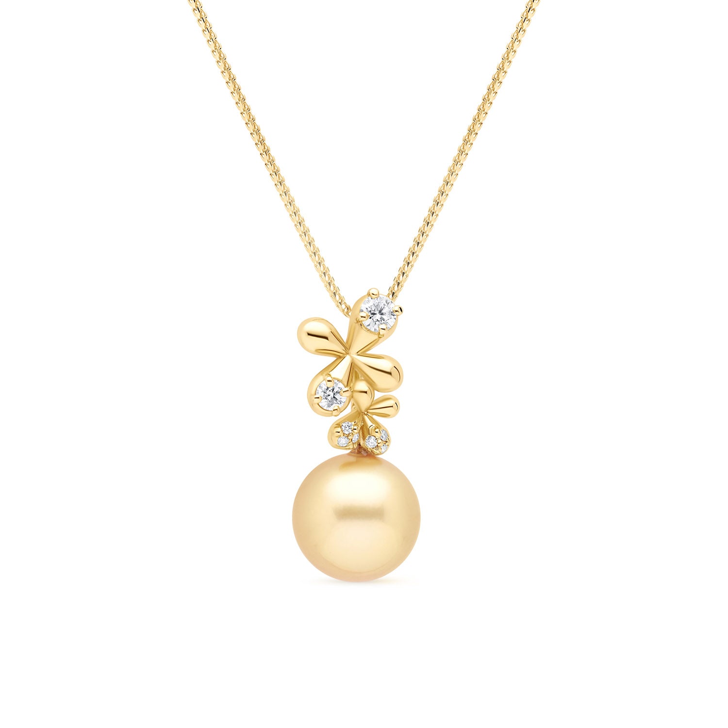 Diamond South Sea Pearl Pendant in 18k yellow gold with 0.46ct diamonds, floral motifs, and a golden South Sea pearl