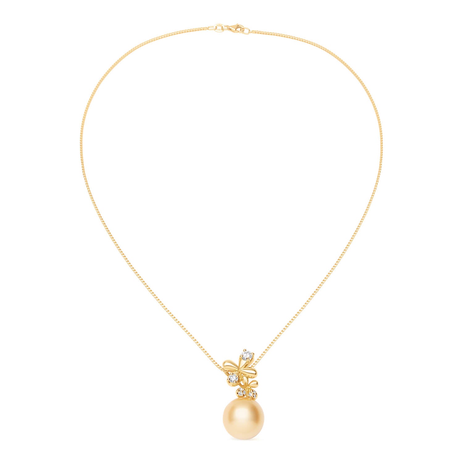 Diamond South Sea Pearl Pendant in 18k yellow gold with 0.46ct diamonds, floral motifs, and a golden South Sea pearl, worn on model with Wildflowers collection