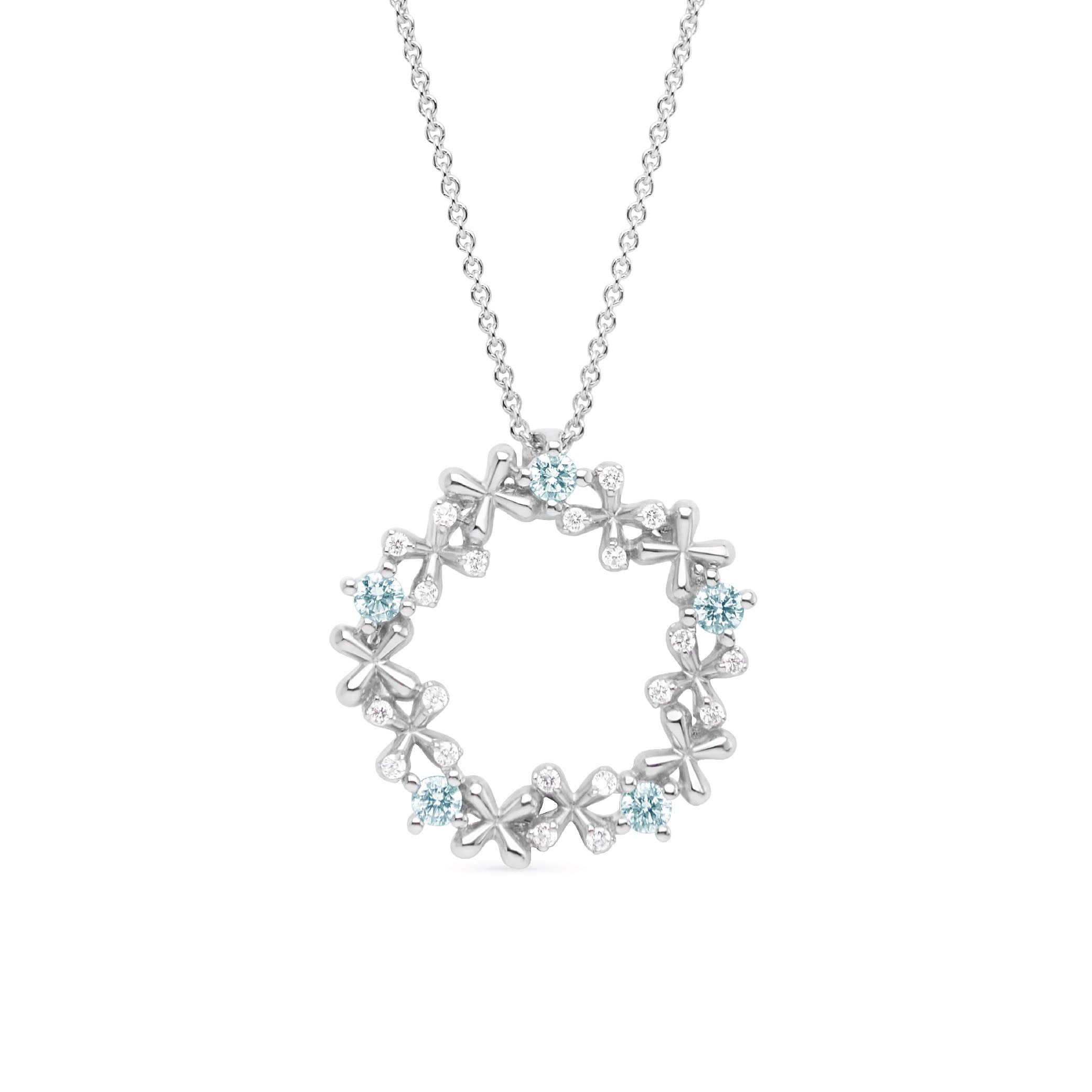 Mini Diamond and Aquamarine Wreath Pendant in 18k white gold with 0.35ct diamonds and 0.60ct aquamarines