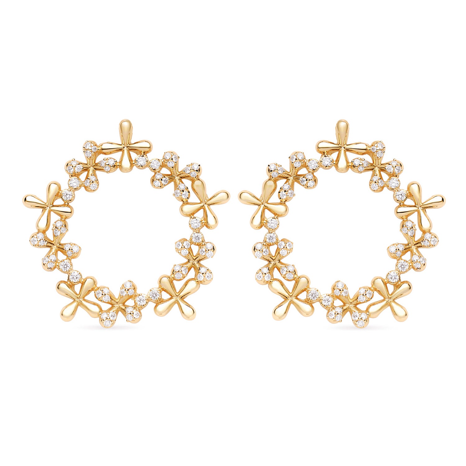 Diamond Wreath Earrings in 18k yellow gold with 1.00ct total diamonds and stylised floral motifs