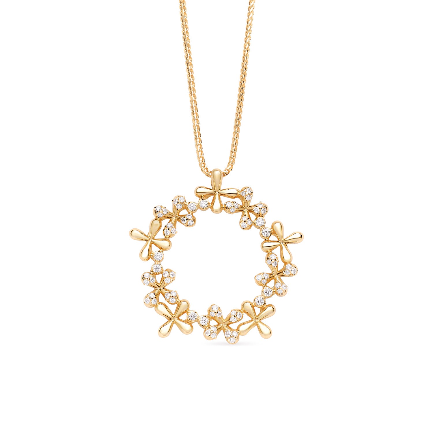 Large Diamond Wreath Pendant in 18k yellow gold with 0.50ct natural diamonds on 45cm Franco chain