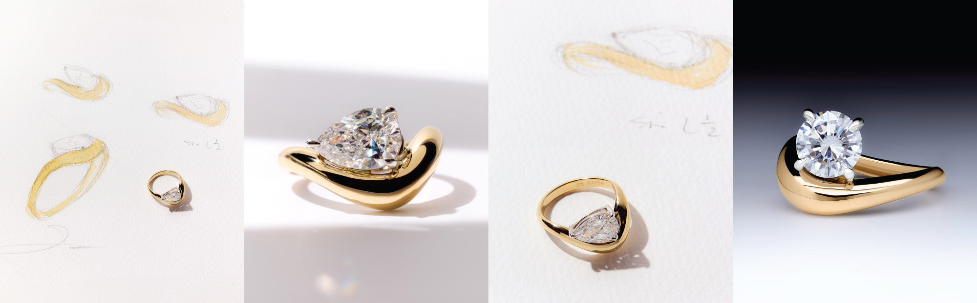 Faith Jewels Eclipse Ring — watercolour sketch studies alongside finished yellow gold sculptural bypass engagement ring with pear-cut diamond, and second Eclipse Ring variation with round brilliant diamond, both showing the flowing wave-form bypass setting design