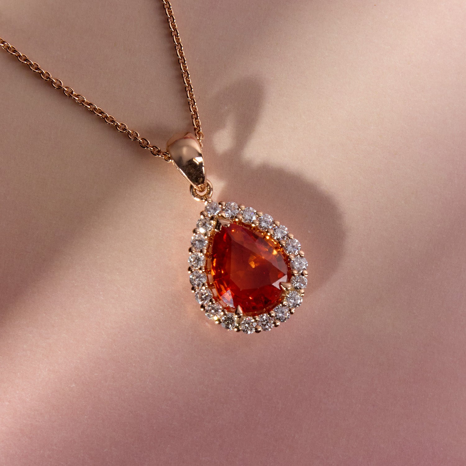 Orange sapphire diamond pendant 3.00ct pear cut, 18k rose gold halo pendant necklace 0.15ct diamonds 45cm chain elegant jewellery