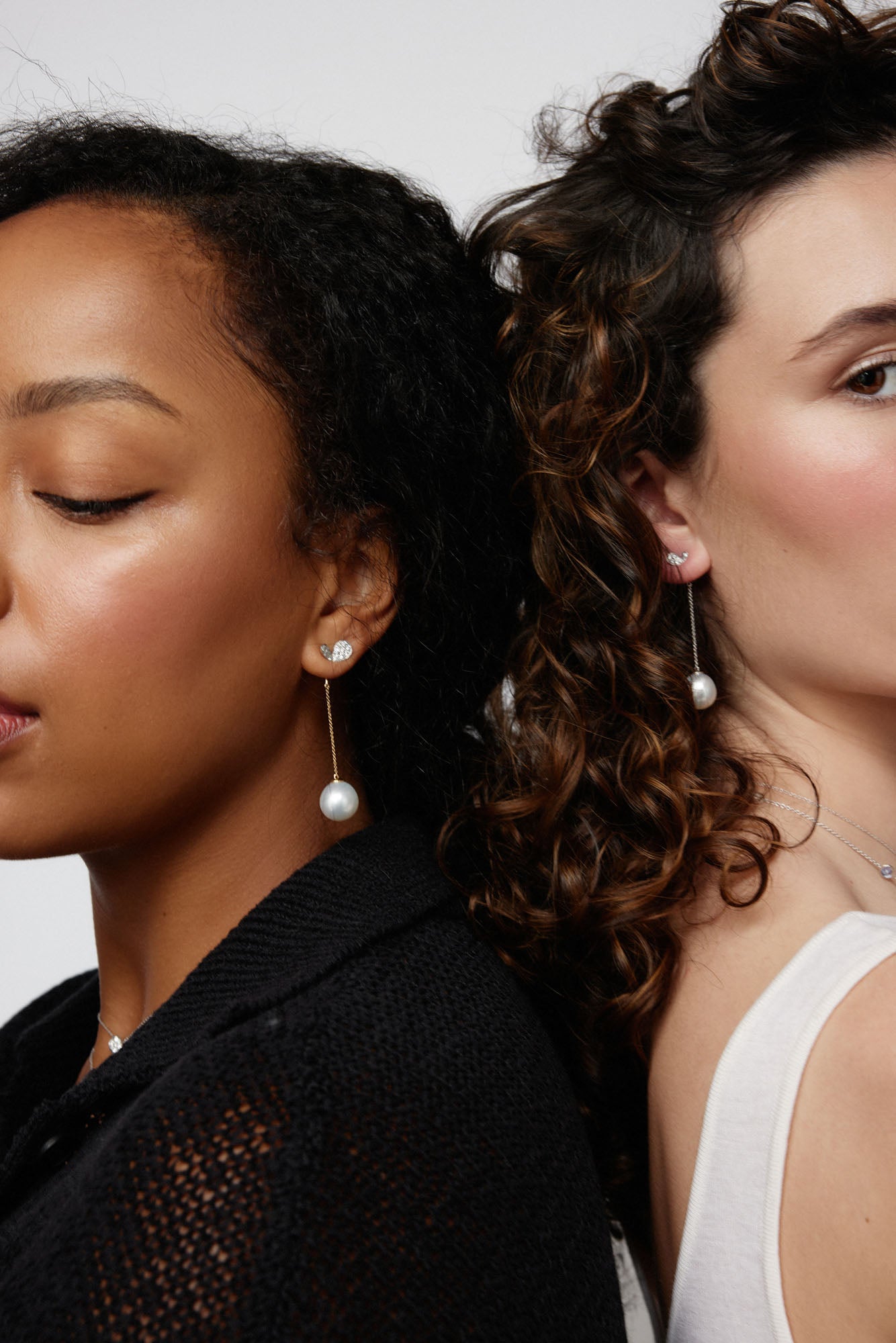 Faith Jewels south Sea pearl drop enhancers on delicate 18k yellow and white gold chains, paired with stud earrings