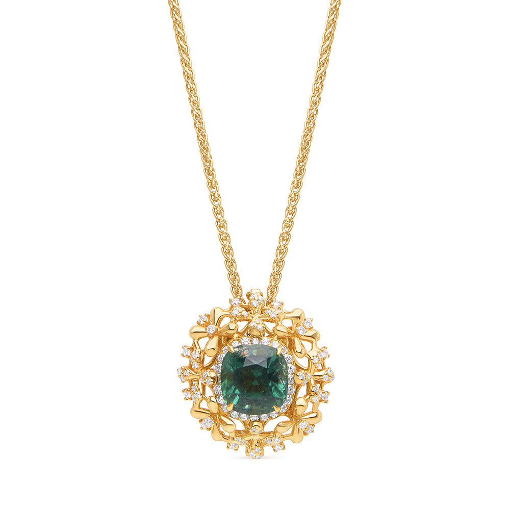 Yellow gold Grandiflora set with a detachable 4.57 ct blue-green tourmaline, yellow diamond floral wreath pendant on a 45cm chain