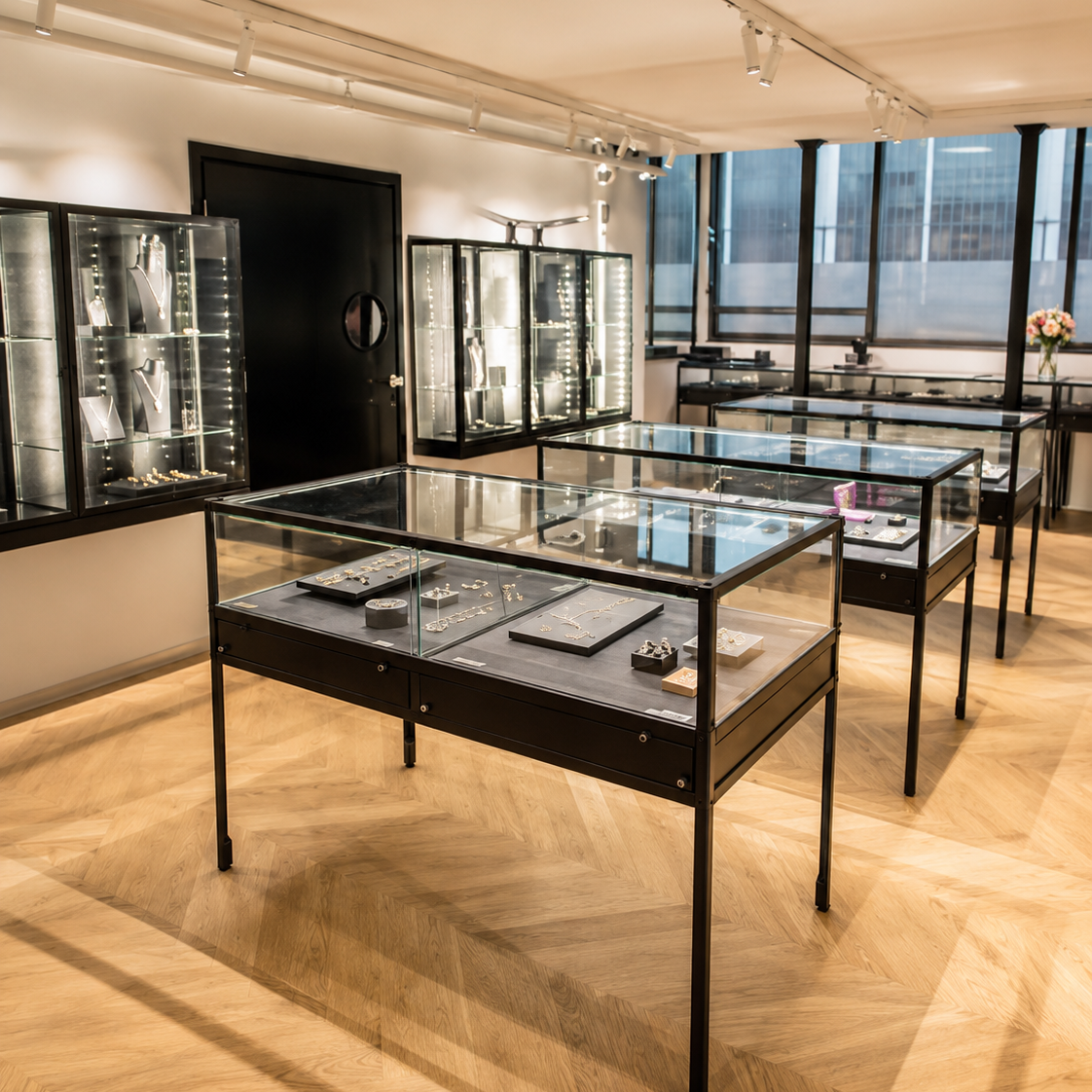 Faith Jewels fine jewellery display at Madlords Paris — luxury glass showcases with diamond and gold pieces in an elegant boutique interior