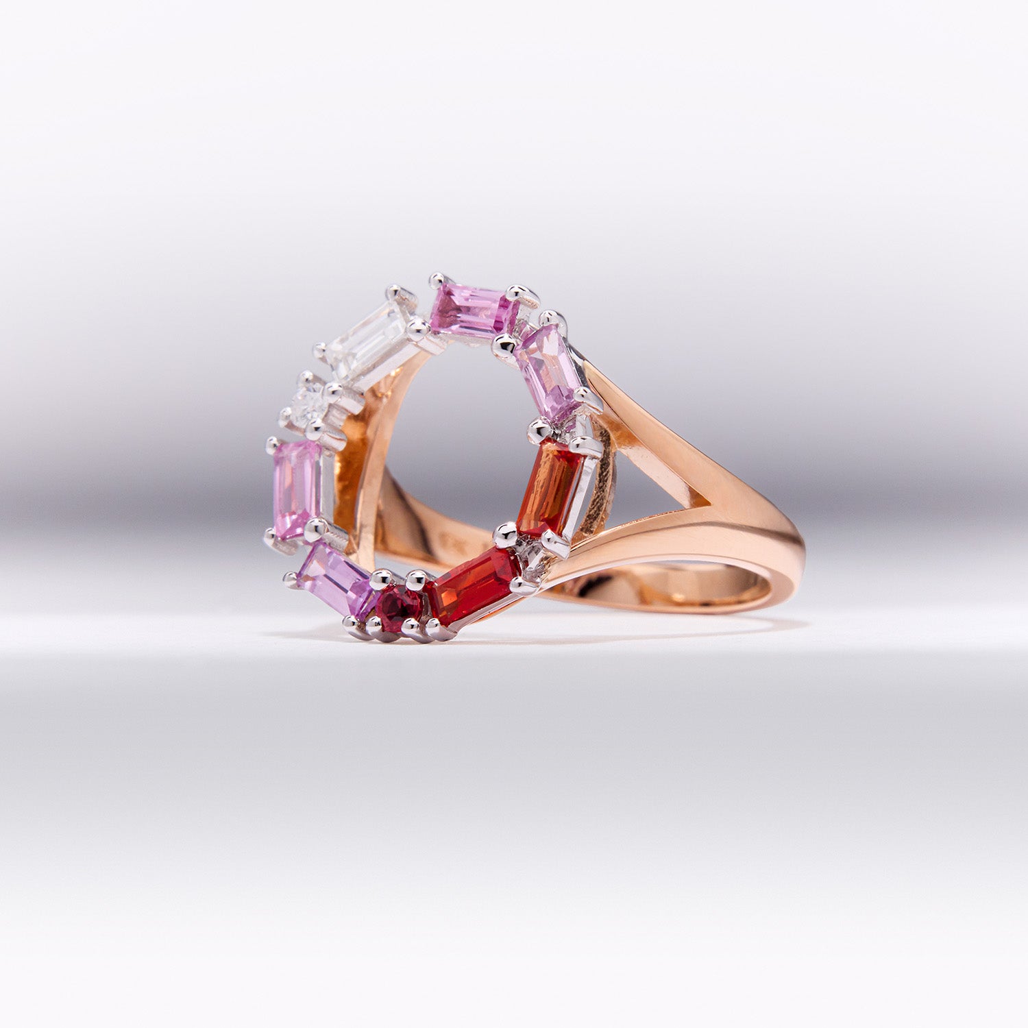 Bespoke Morse Code ring with diamonds, pink and orange sapphires in rose gold