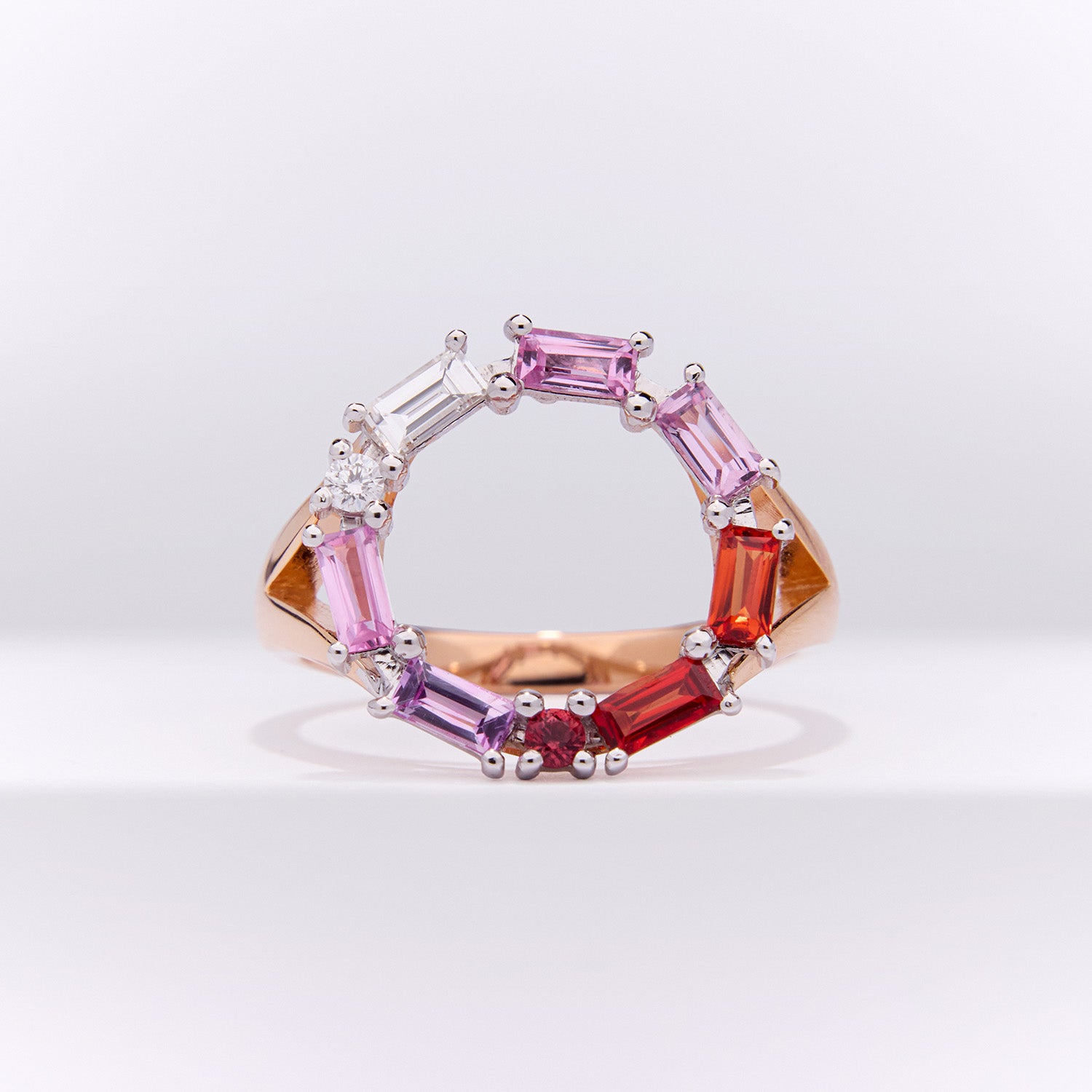 Bespoke Morse Code ring with diamonds, pink and orange sapphires in rose gold