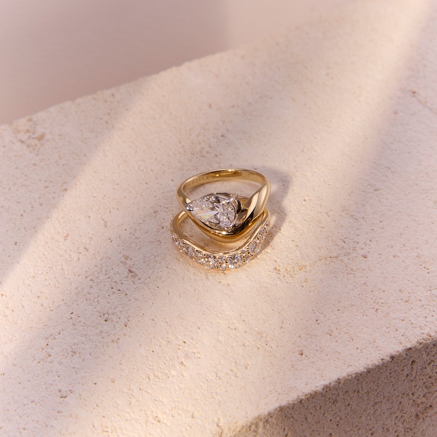 Arc Diamond Wedding Band in yellow gold curved design inspired by Eclipse Ring, elegant contour fit. Paired with Eclipse Ring.