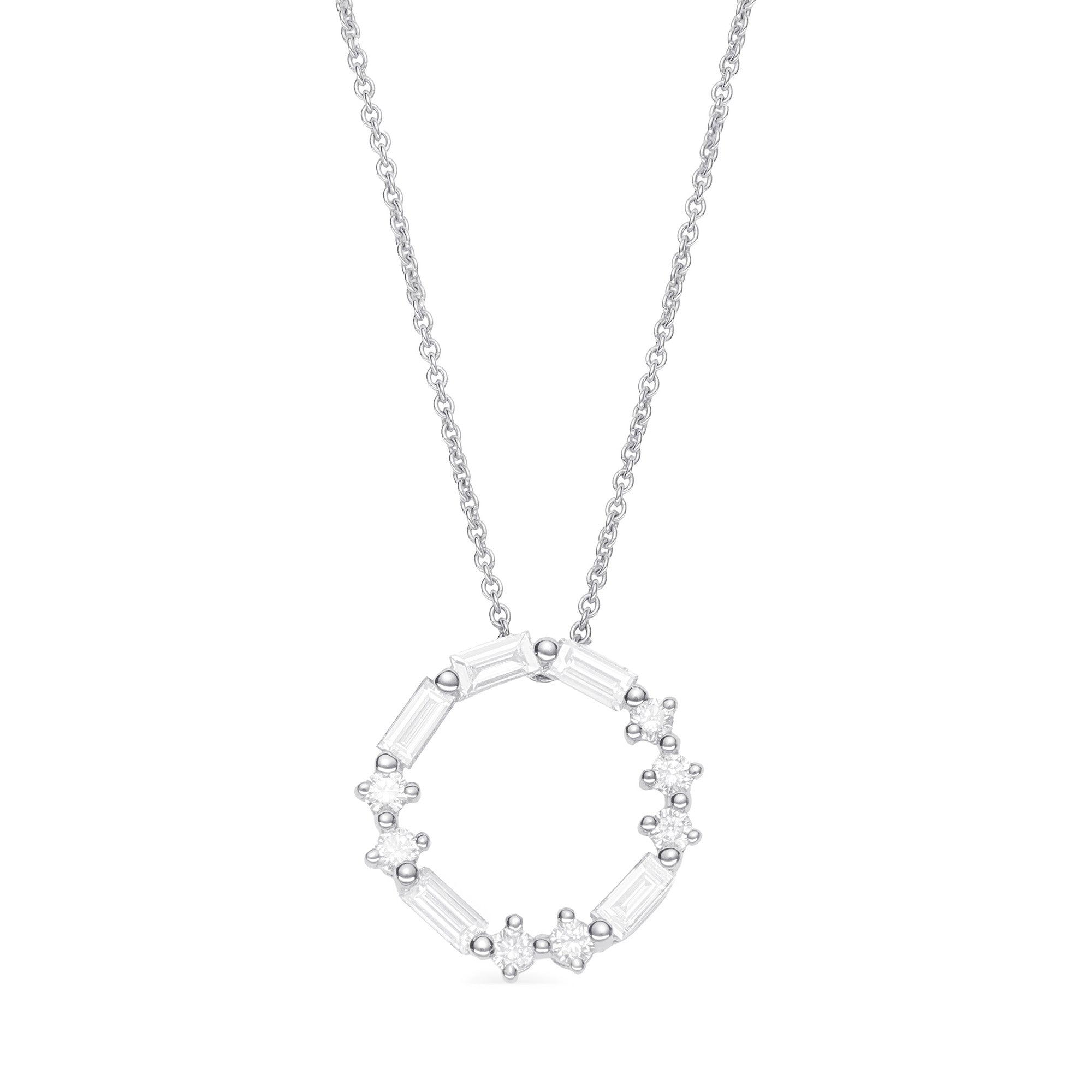 Circle of LOVE Diamond Pendant in 18k white gold with 0.80ct round and baguette diamonds in Morse code design.