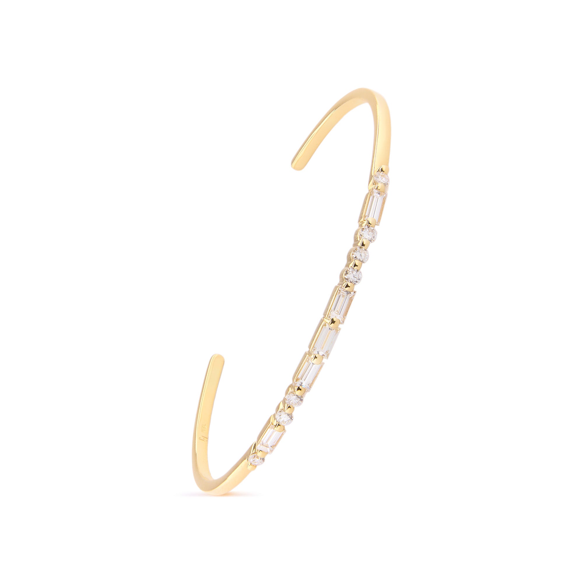 Faith Jewels 18k Yellow gold bangle with round and baguette diamonds spelling “LOVE” in Morse code.