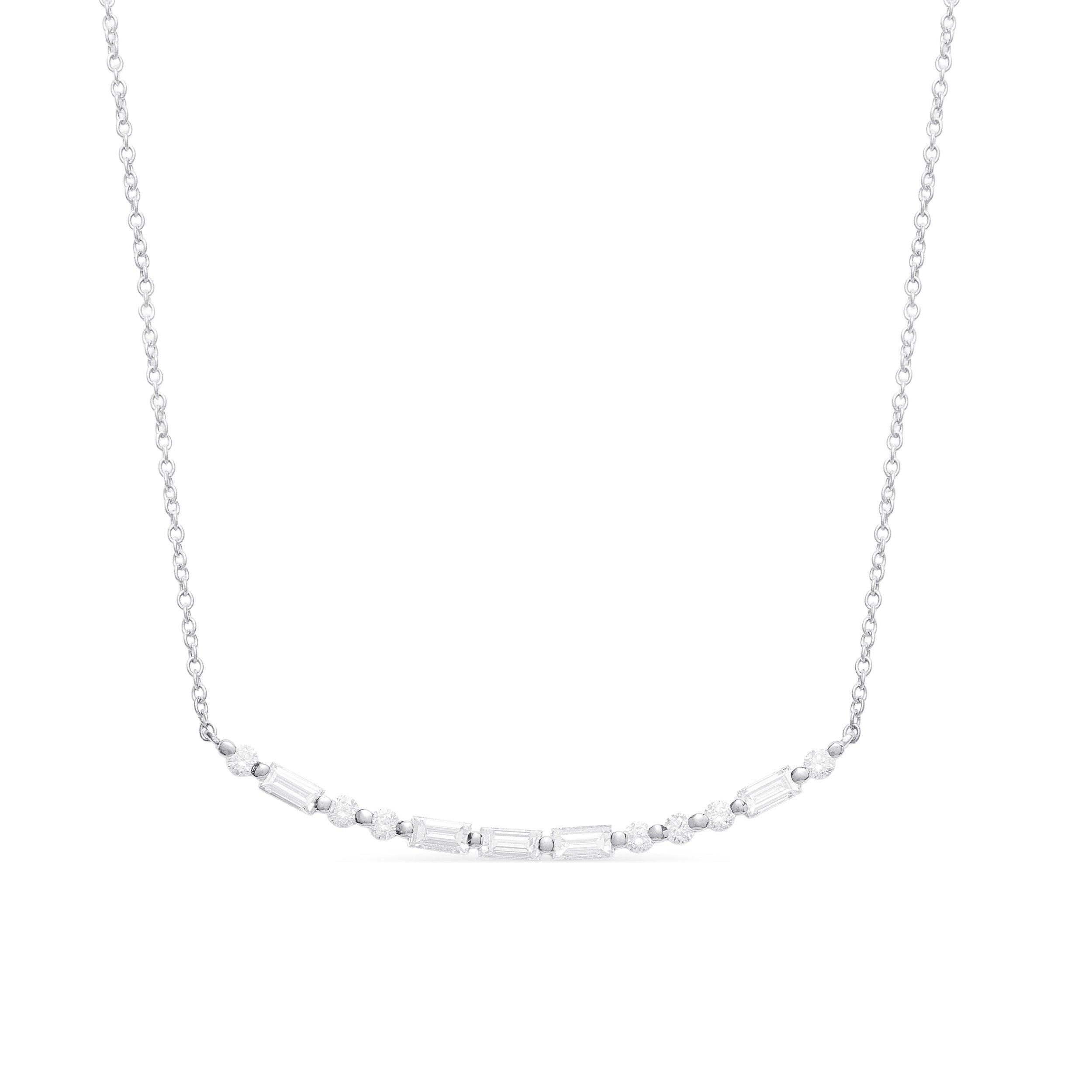 LOVE Diamond Bar Necklace in 18k white gold with 0.80ct round and baguette diamonds in Morse code design.