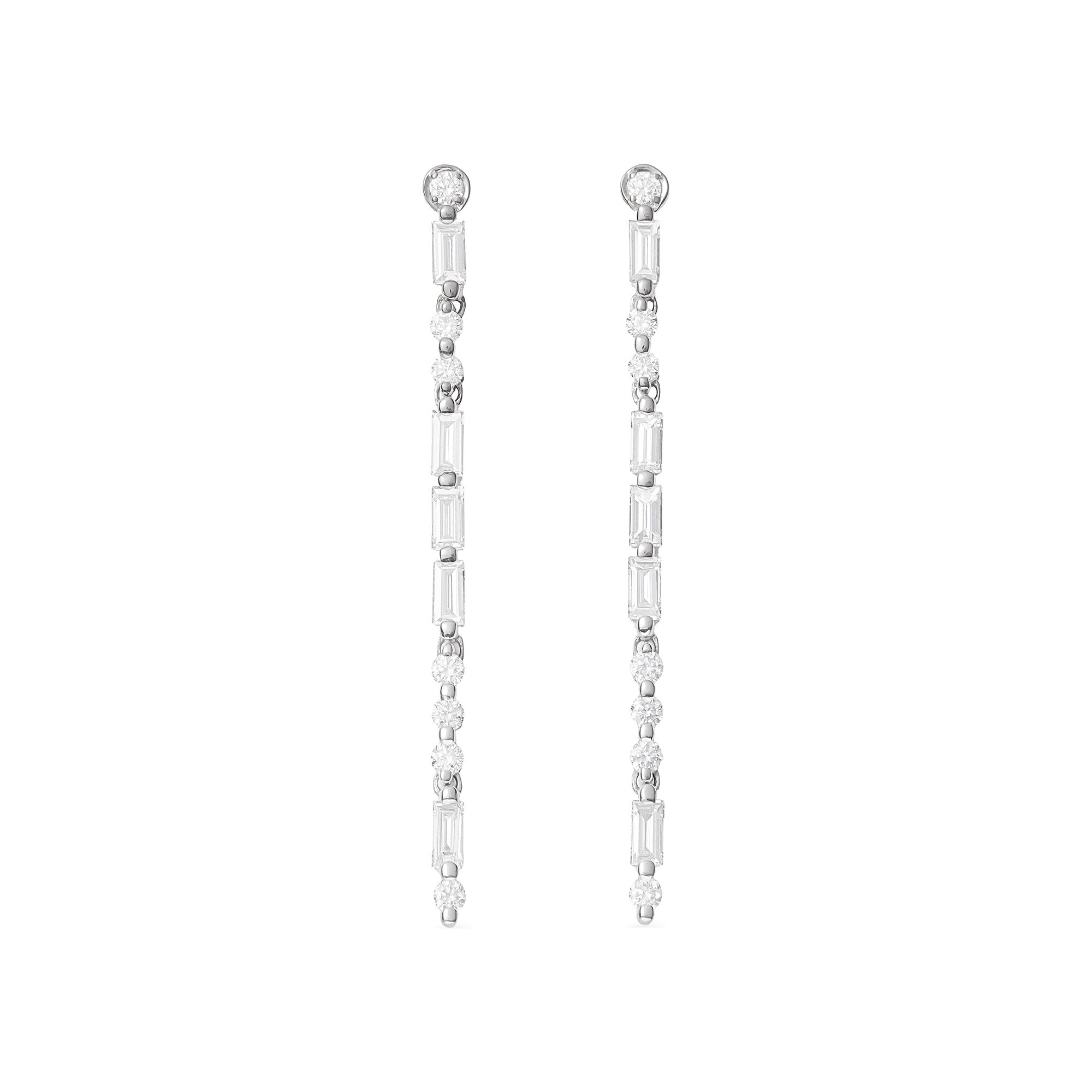 LOVE Diamond Drop Earrings in 18k white gold with 1.60ct round and baguette diamonds in Morse code design.