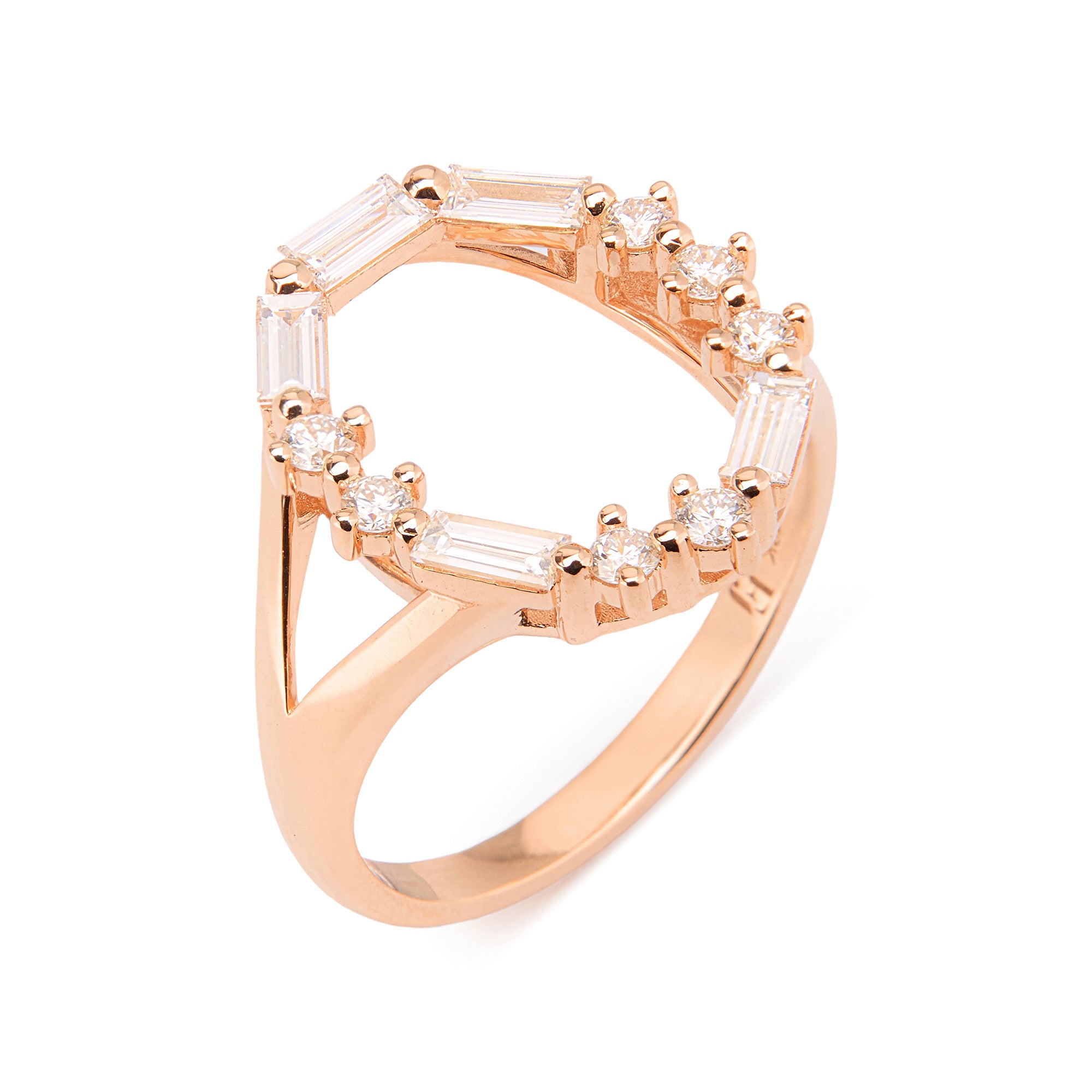 LOVE Oval Diamond Ring in 18k rose gold with 0.80ct round and baguette diamonds in Morse code design.