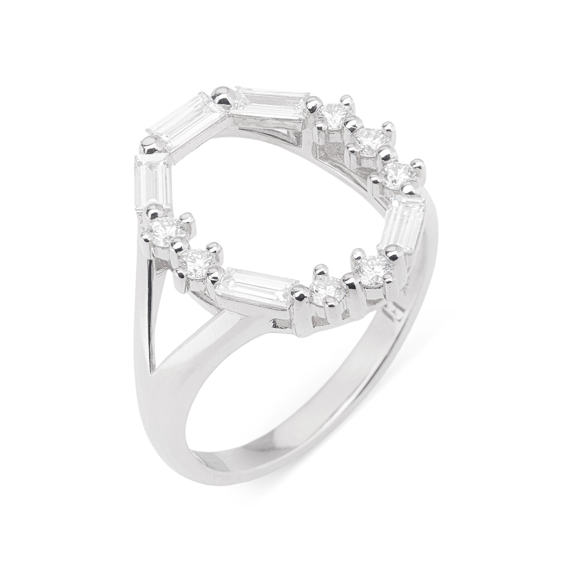 LOVE Oval Diamond Ring in 18k white gold with 0.80ct round and baguette diamonds in Morse code design.