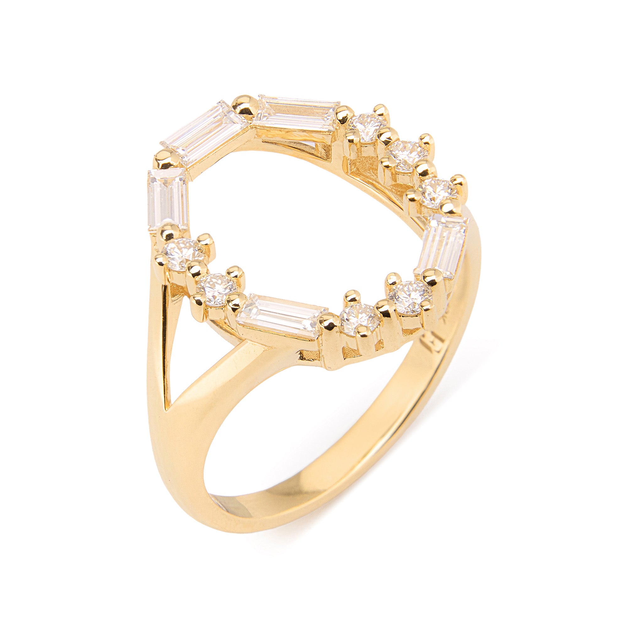 Faith Jewels 18k Yellow gold oval ring with round and baguette diamonds spelling “LOVE” in Morse code