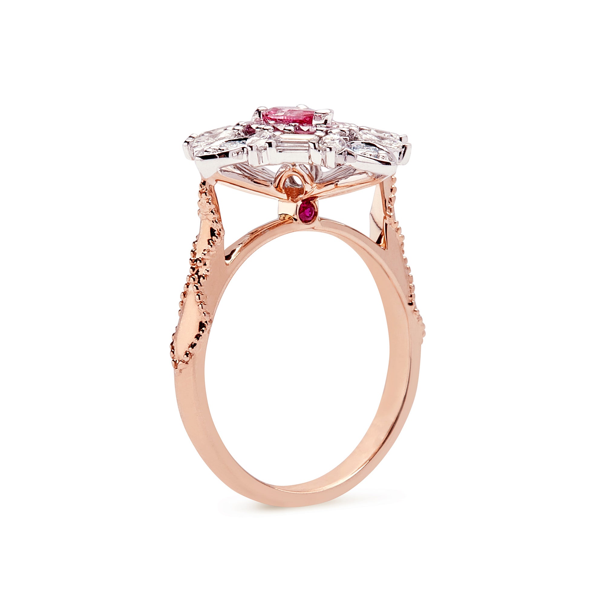 Emzo Kaleidoscope Ring with 1P pink Argyle diamond, blue and white diamonds in geometric floral design.