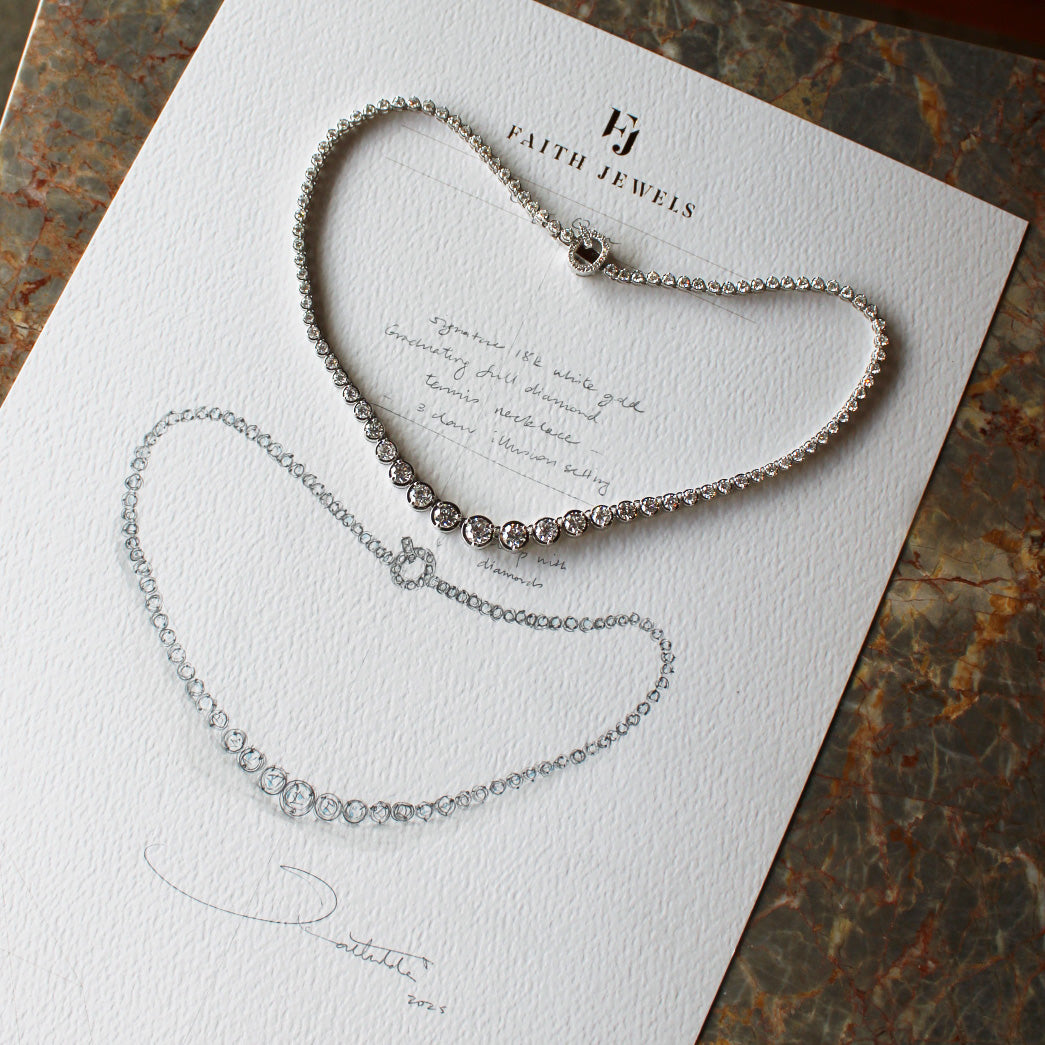 Bespoke graduated diamond tennis necklace with “Q” initial clasp in elegant design, with hand sketched drawing.