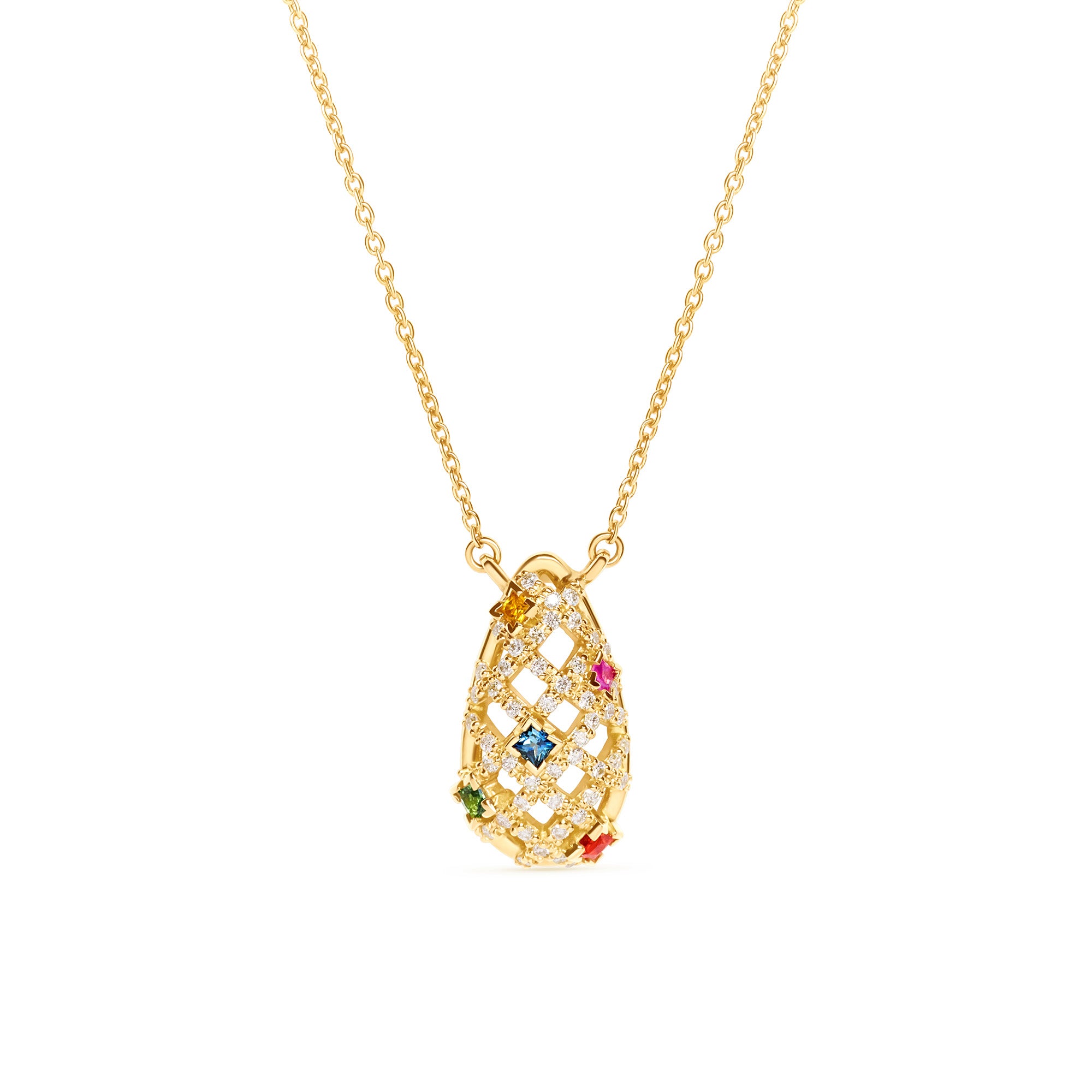 Yellow gold necklace with a teardrop-shaped pendant featuring colourful sapphire gemstones and diamonds on a white background