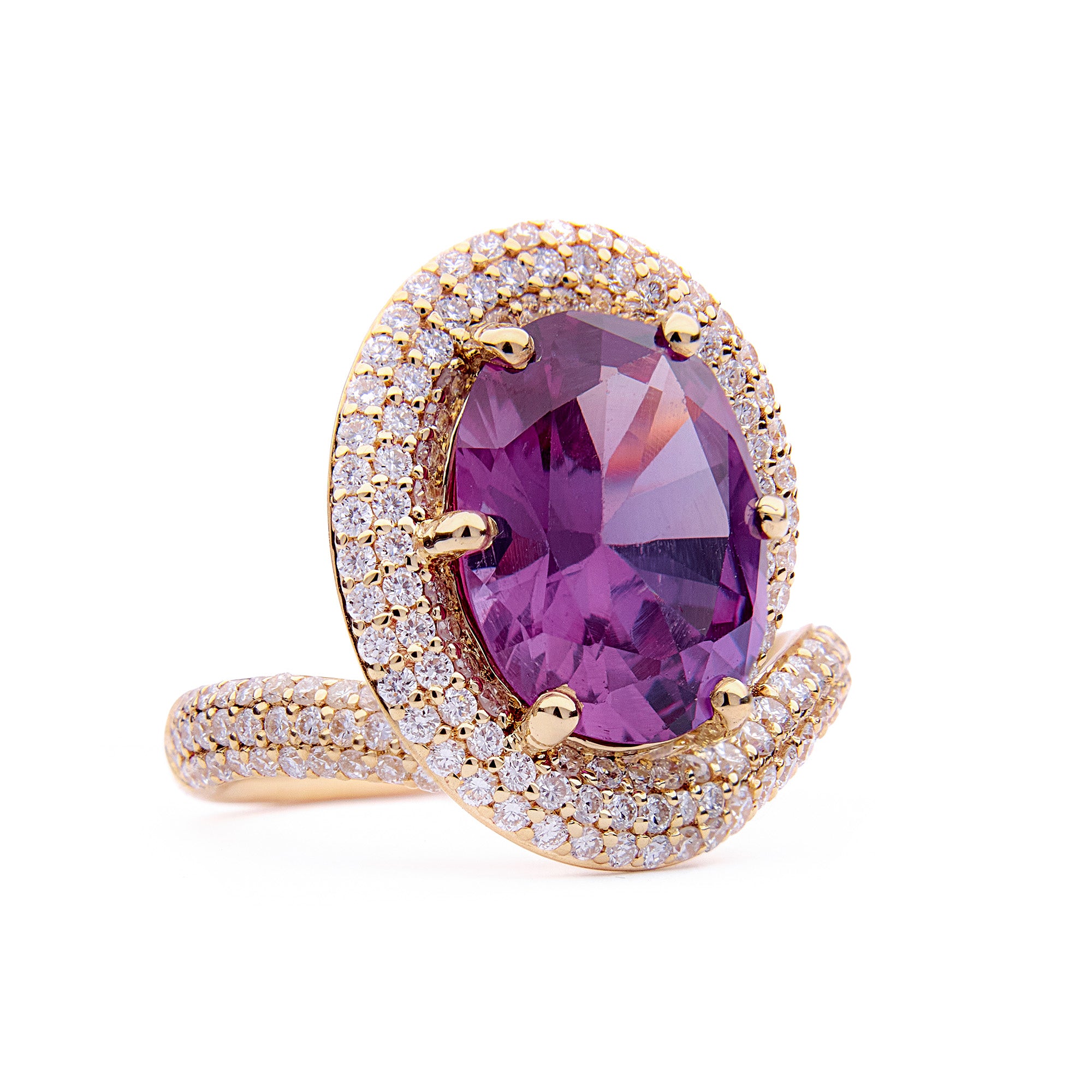 Suzi Ring in yellow gold with heirloom pink-purple gemstone and diamond accents, bespoke sculptural statement design.