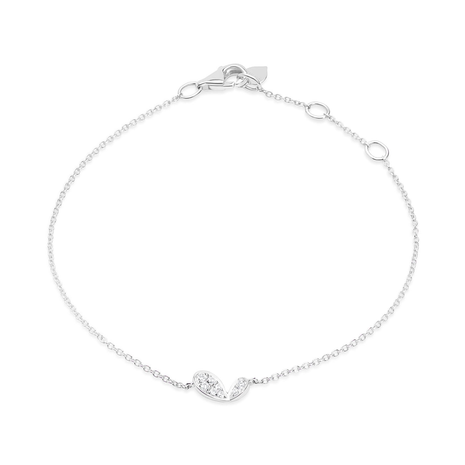 9k white gold diamond bracelet with stylised lily petal motif, adjustable trace chain from Whispers of Love.
