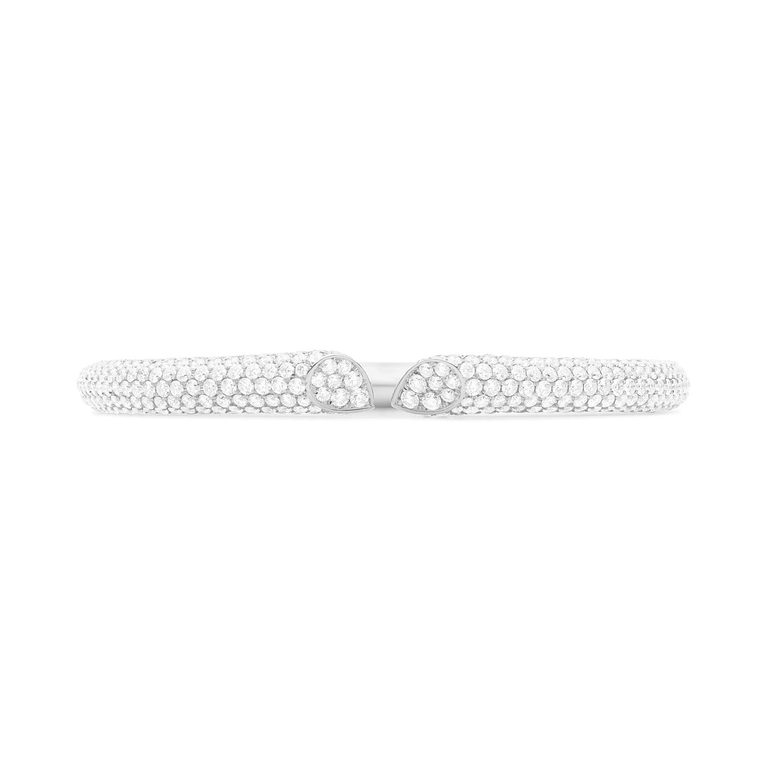 Faith Jewels 18k white gold bangle with 6.00ct pavé diamonds, featuring a heart-shaped lily petal design and secure hinge closure