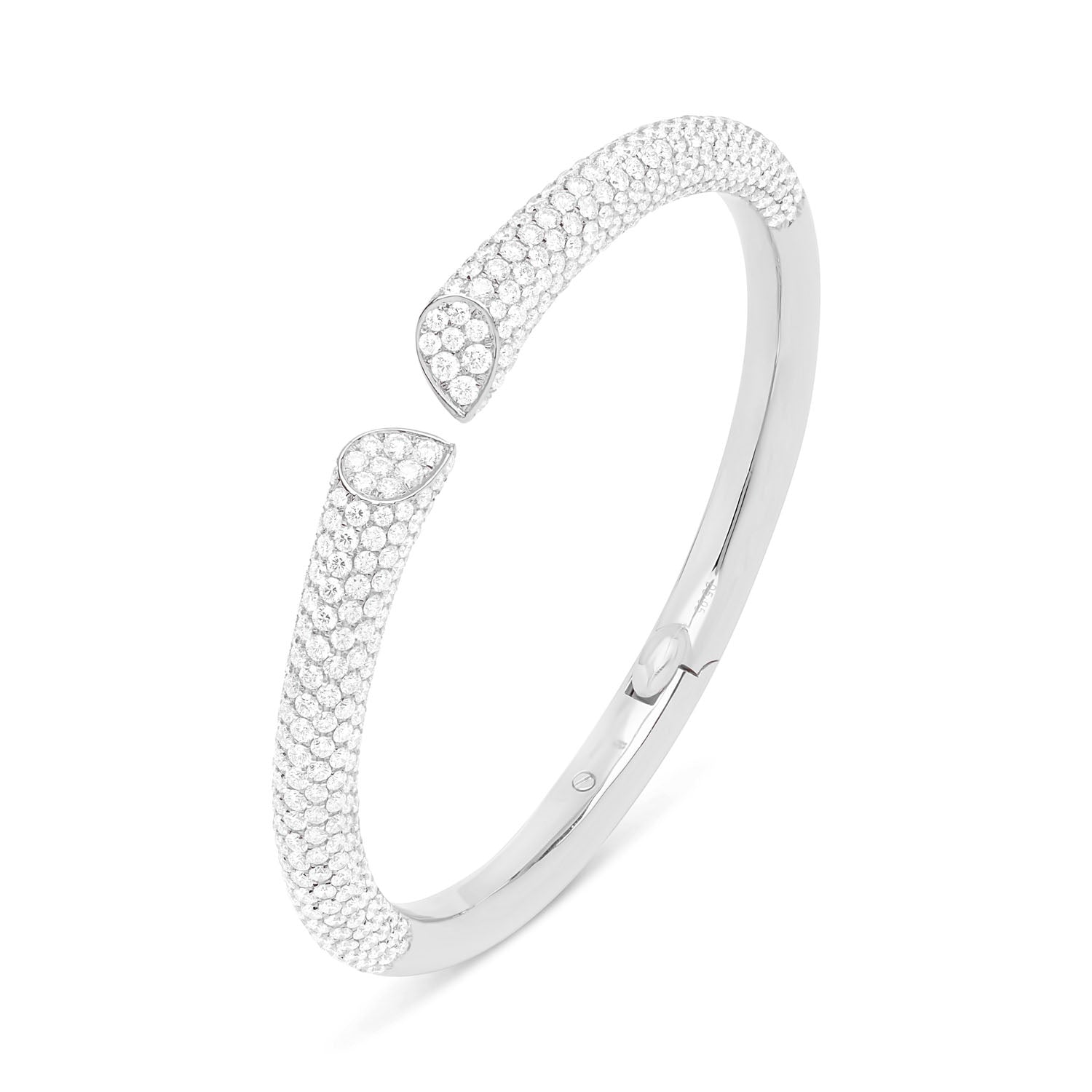 Faith Jewels 18k white gold bangle with 6.00ct pavé diamonds, featuring a heart-shaped lily petal design and secure hinge closure