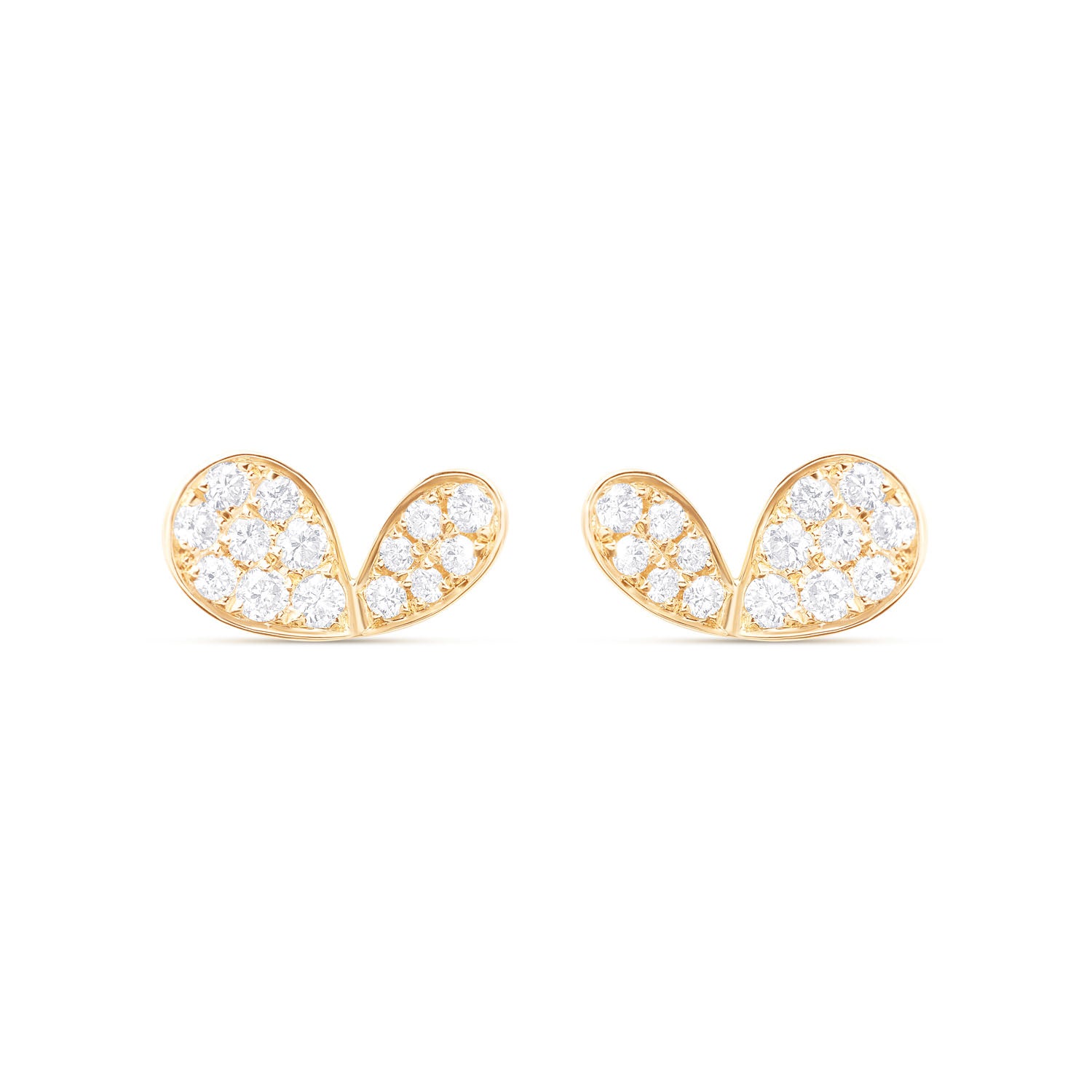 Faith jewels Diamond pavé yellow gold stud earrings in a stylized petal design, evoking hearts, butterflies, or wings