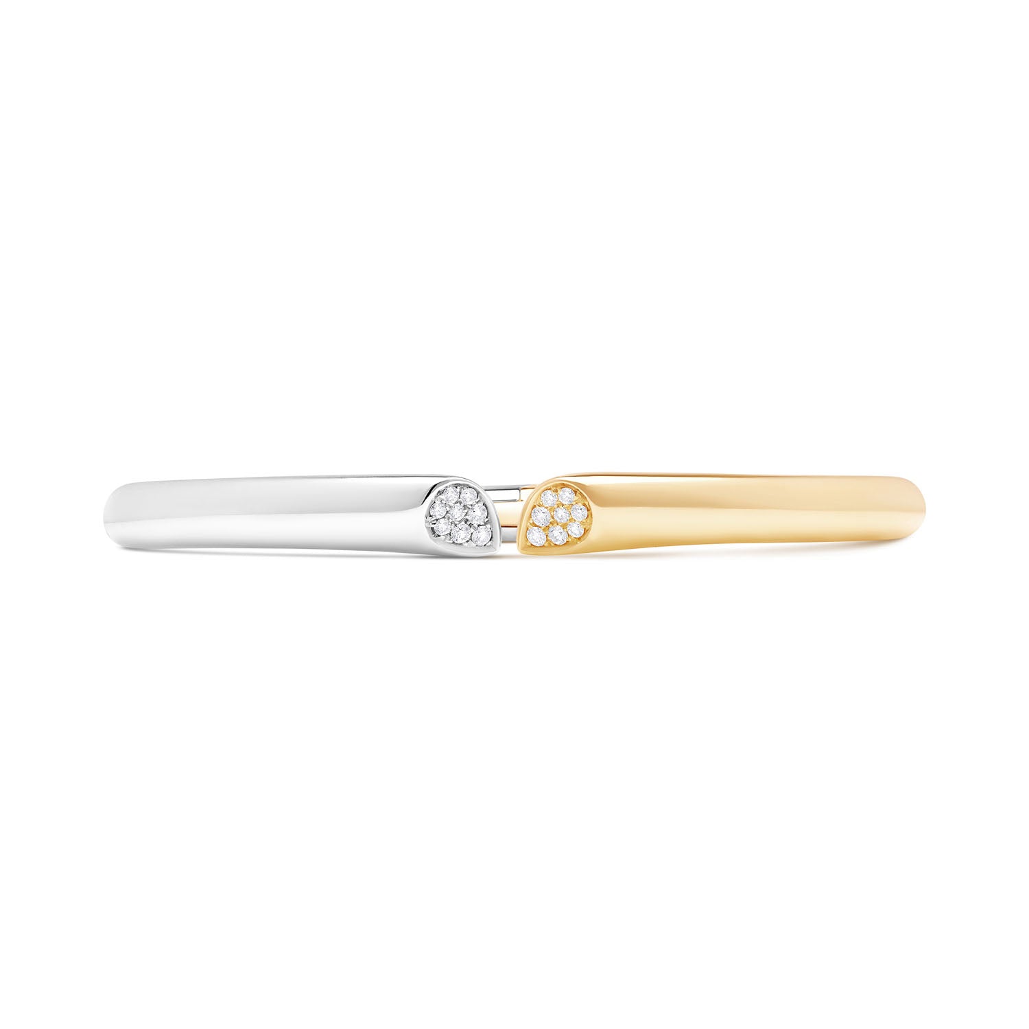 Faith Jewels two-tone 18k gold bangle with 0.20ct pavé diamonds, featuring a heart-shaped lily petal design and hinge closure