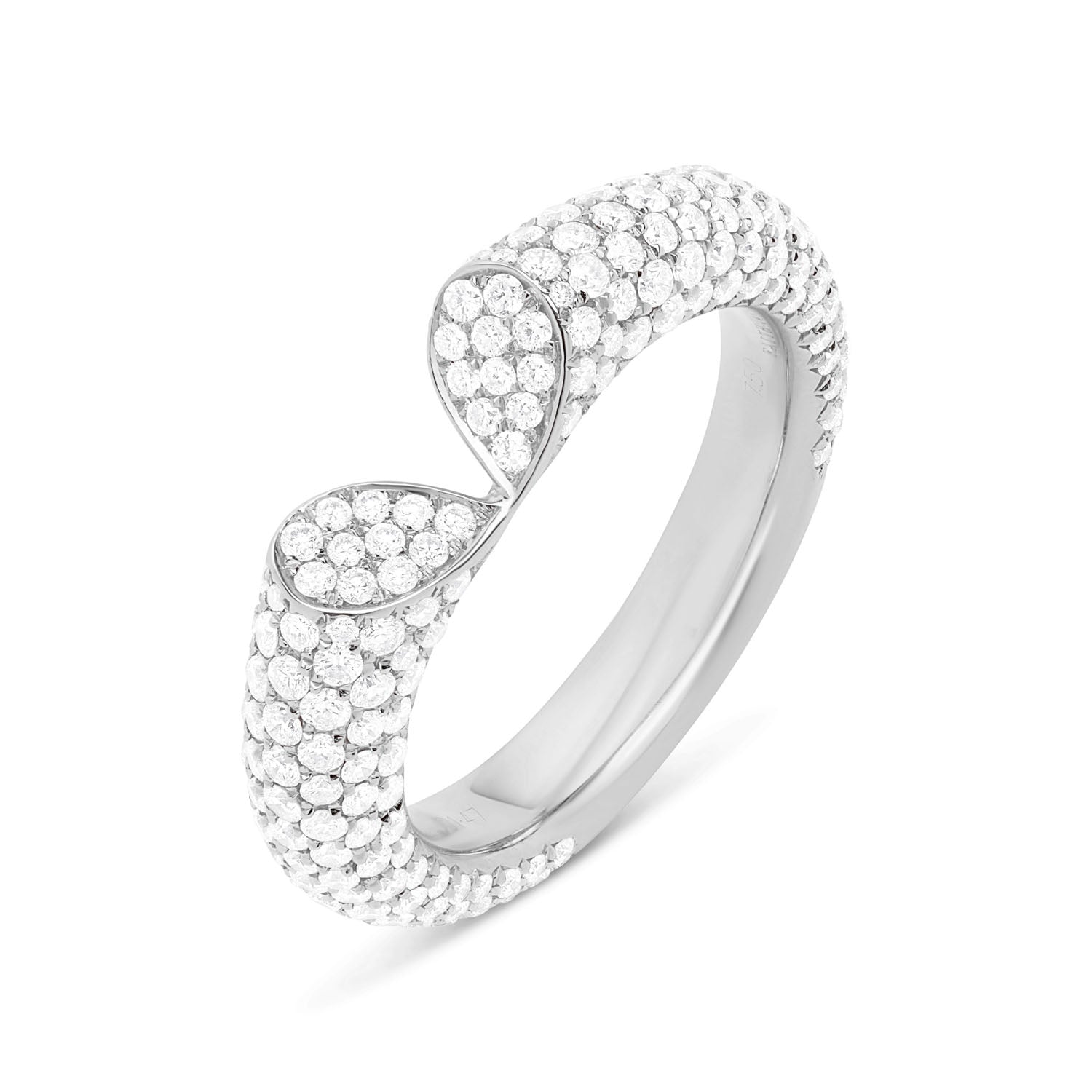 Wide 18k white gold diamond ring with heart-shaped lily petal motif and 1.50ct pavé diamonds from Whispers of Love.