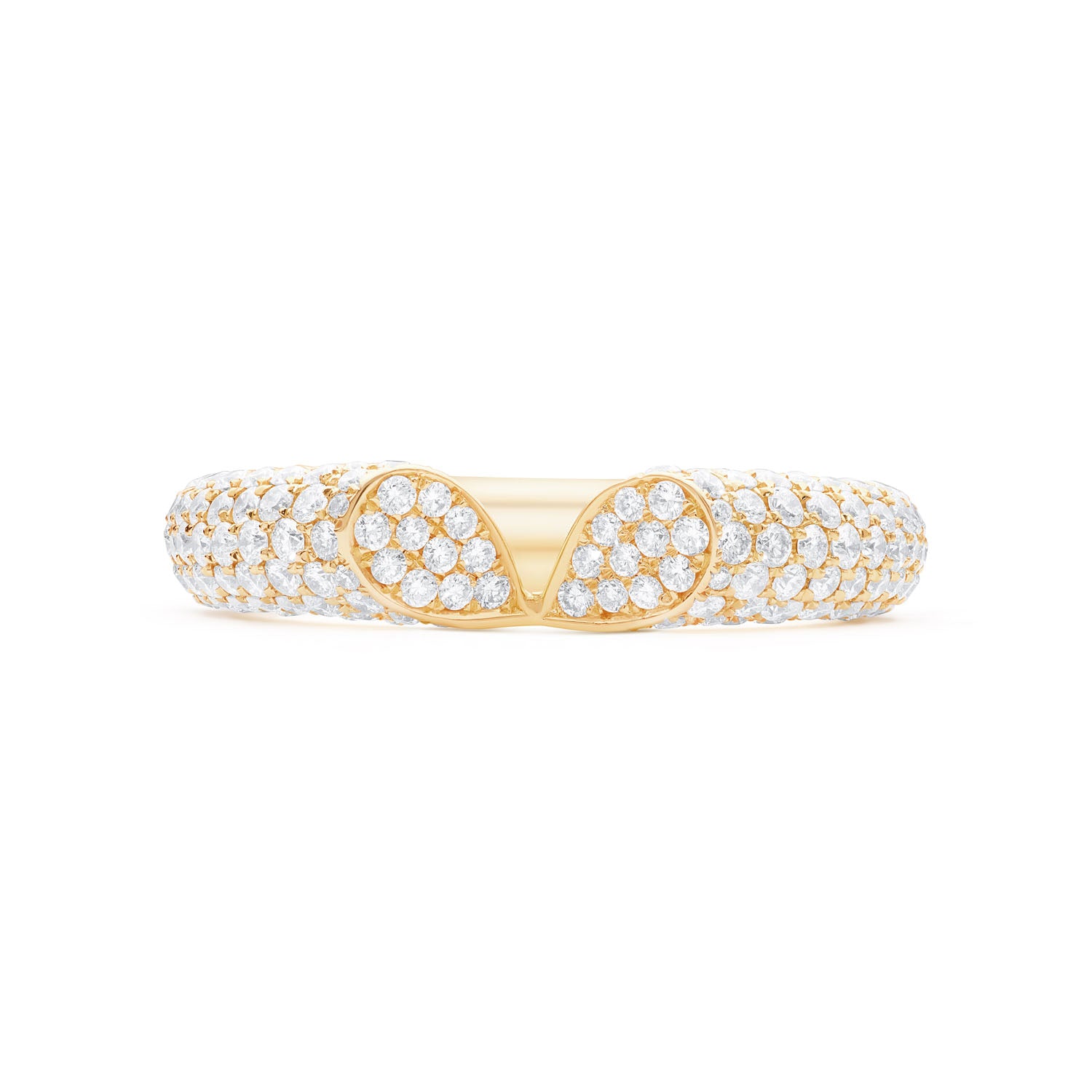 Wide 18k yellow gold diamond ring with heart-shaped lily petal motif and 1.50ct pavé diamonds from Whispers of Love.