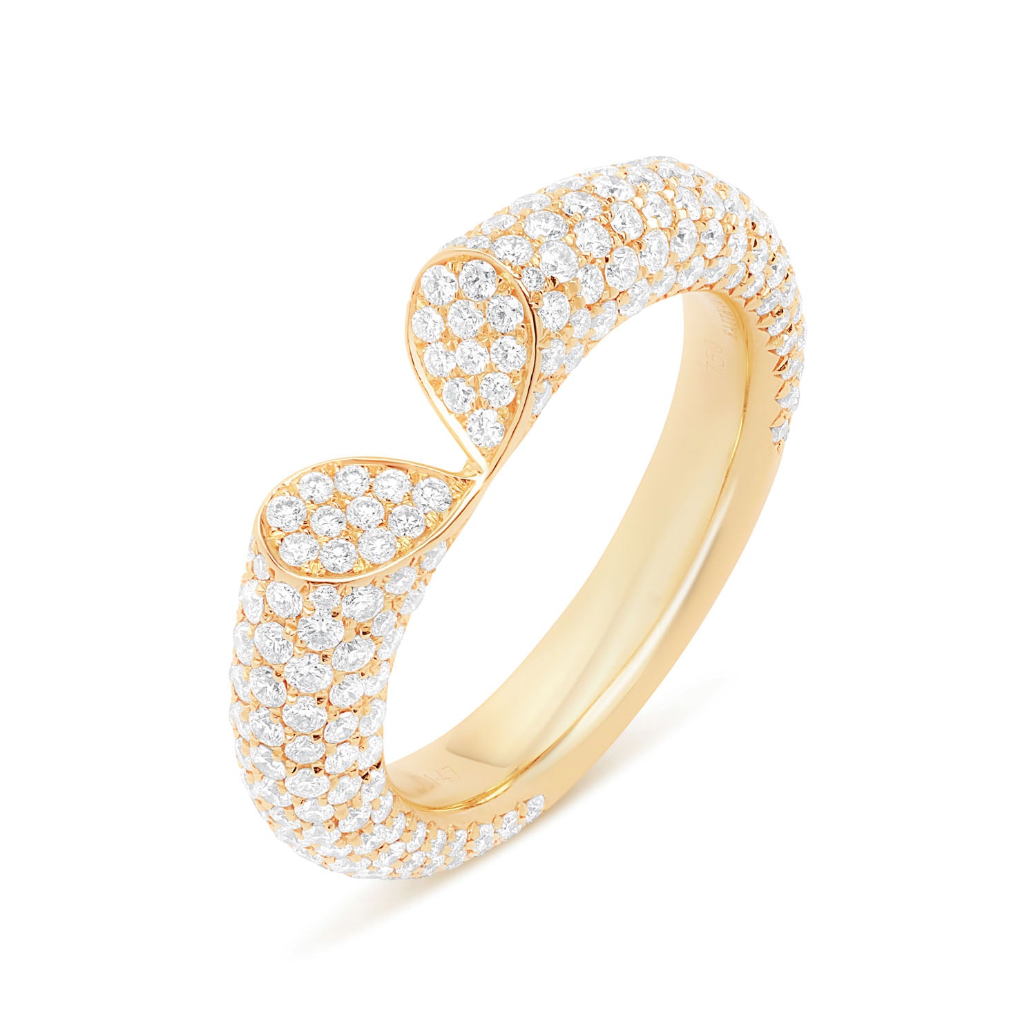 Wide 18k yellow gold diamond ring with heart-shaped lily petal motif and 1.50ct pavé diamonds from Whispers of Love.