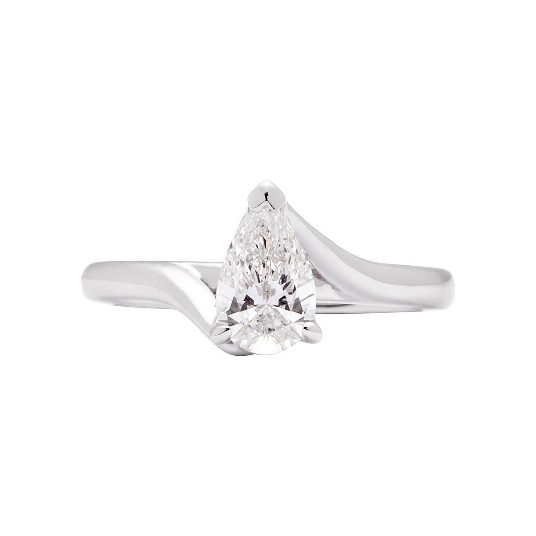 Faith Jewels Prelude engagement ring featuring a pear-shaped diamond set in a sleek, modern twisted white gold band