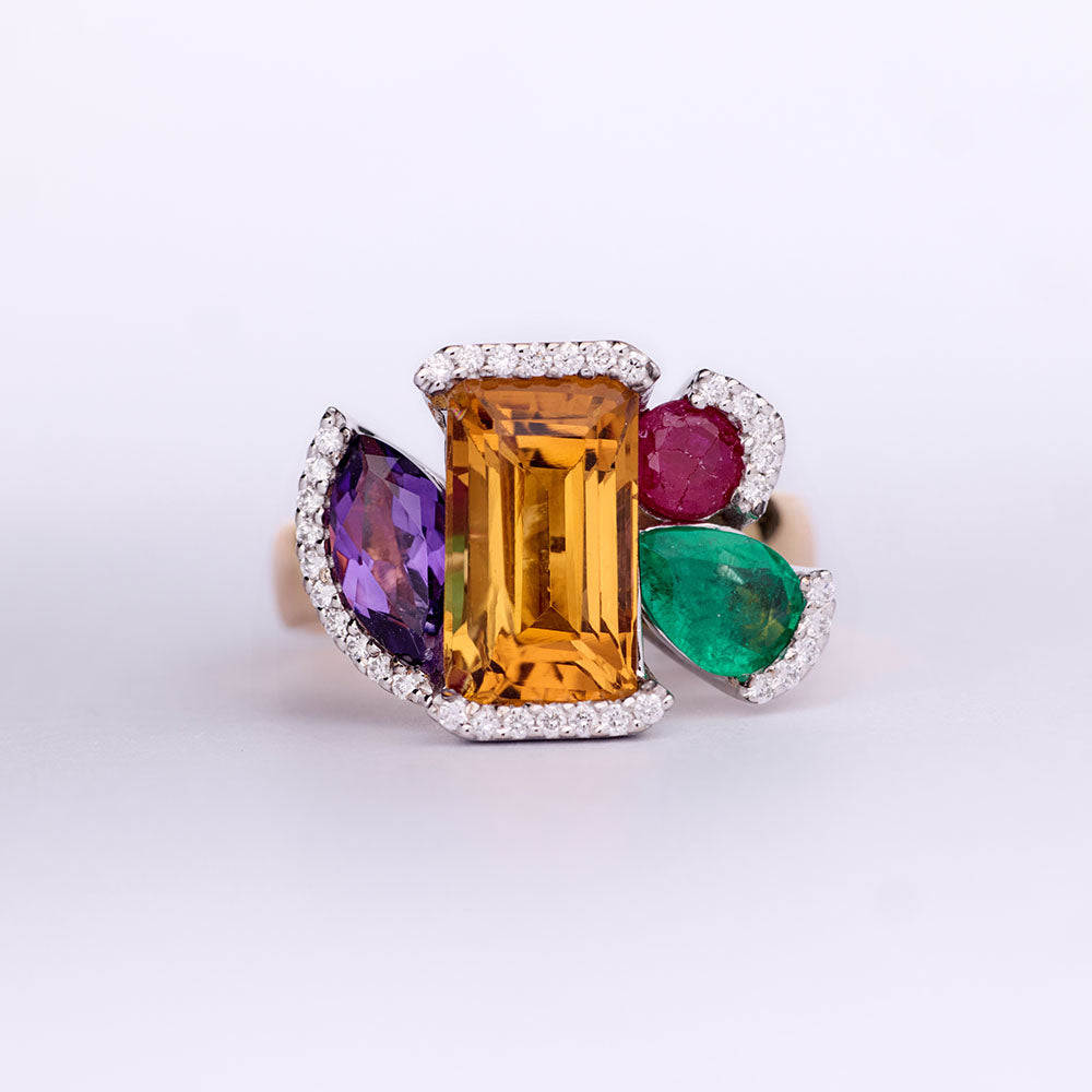 Multicolored gemstone bouquet ring with diamonds