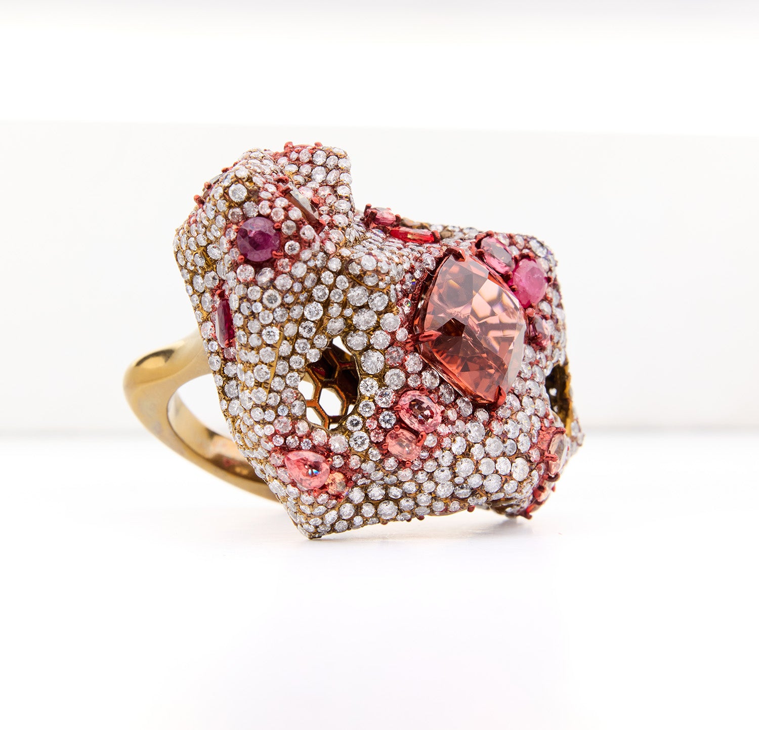 Luxury Earth Ring with tourmaline, rubies, padparadscha and orange sapphires, and diamonds in sculptural design